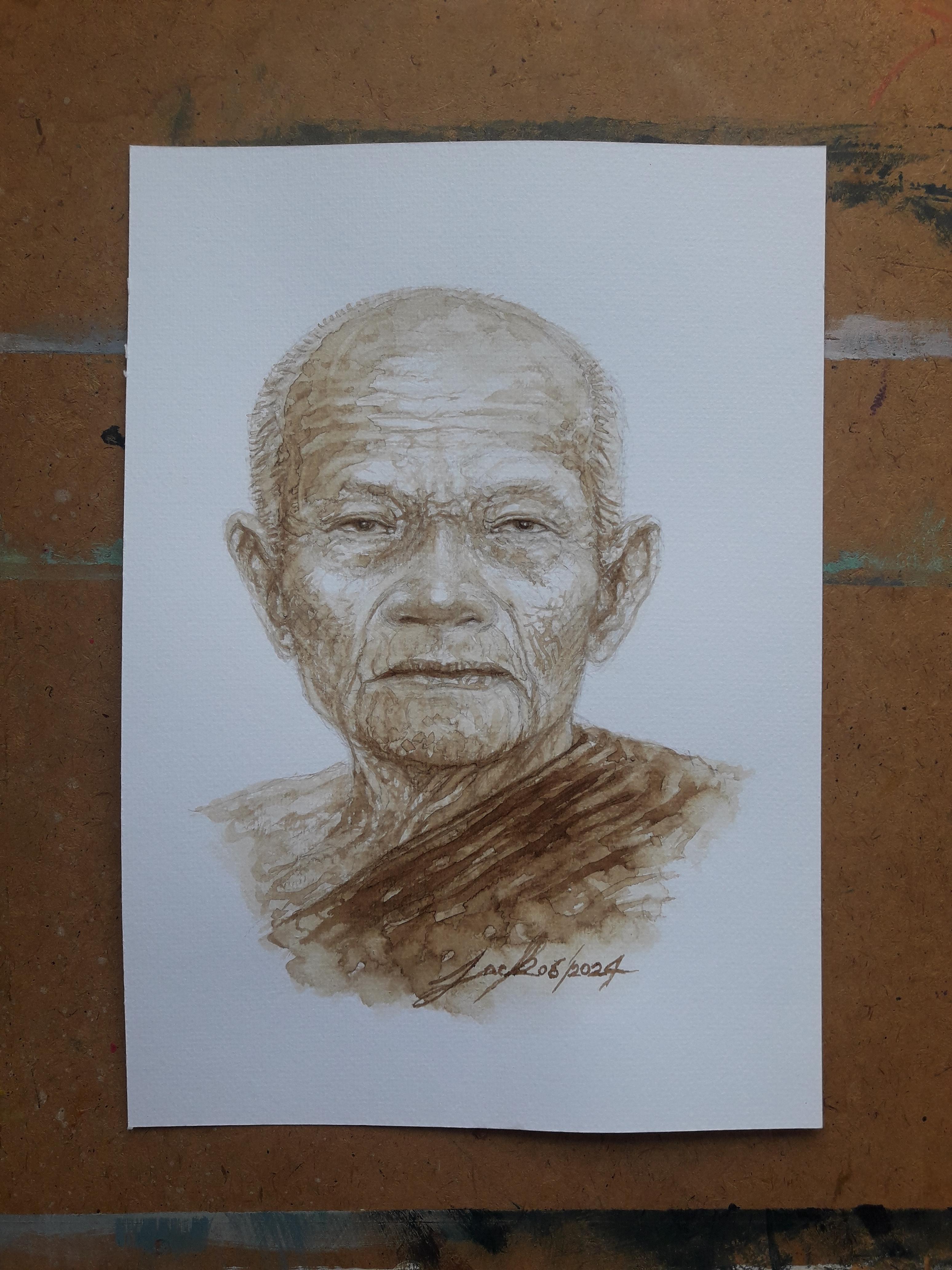 หลวงตาพระมหาบัว วัดป่าบ้านตาด จ.อุดรธานี ภาพวาดจากกาแฟ บนกระดาษ Canson 320 แกรม ขนาด [A4] 21 cm. x 29.7 cm.งานวาด ไม่ใช่ภาพพิมพ์หรือโปสเตอร์ครับ