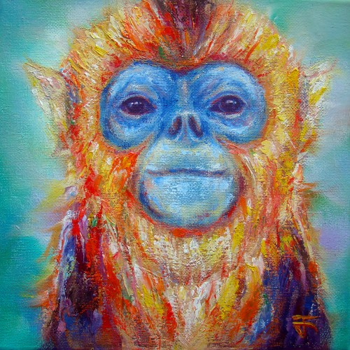 "Golden Monkey no.2" ภาพวาดสีน้ำมัน เทคนิคผสม เกรียงปาดสี งานเพ้นท์บนเฟรมผ้าใบ canvas ขนาด 20 x 20 cm.