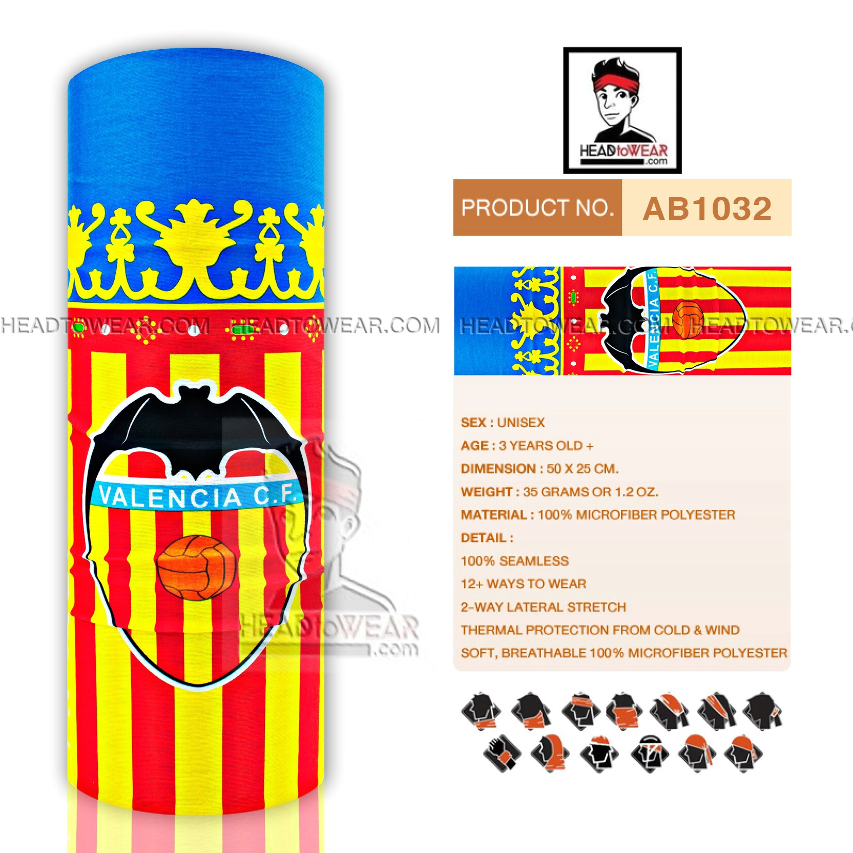 ผ้าโพกหัว ผ้าบัฟ ผ้าคาดผม HeadToWear ลายสโมสร Valencia C.F. รหัส AB1032