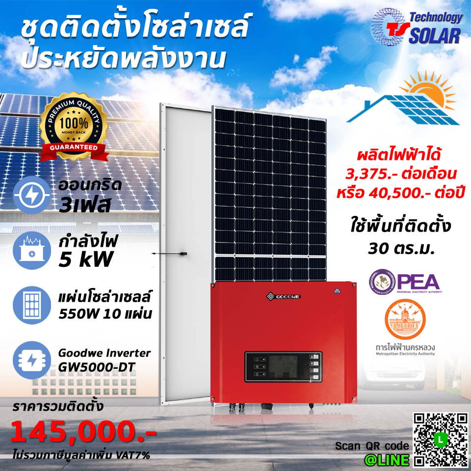 ชุดติดตั้งโซล่าเซลล์ 5 kW 3 เฟส ออนกริด พร้อมติดตั้ง