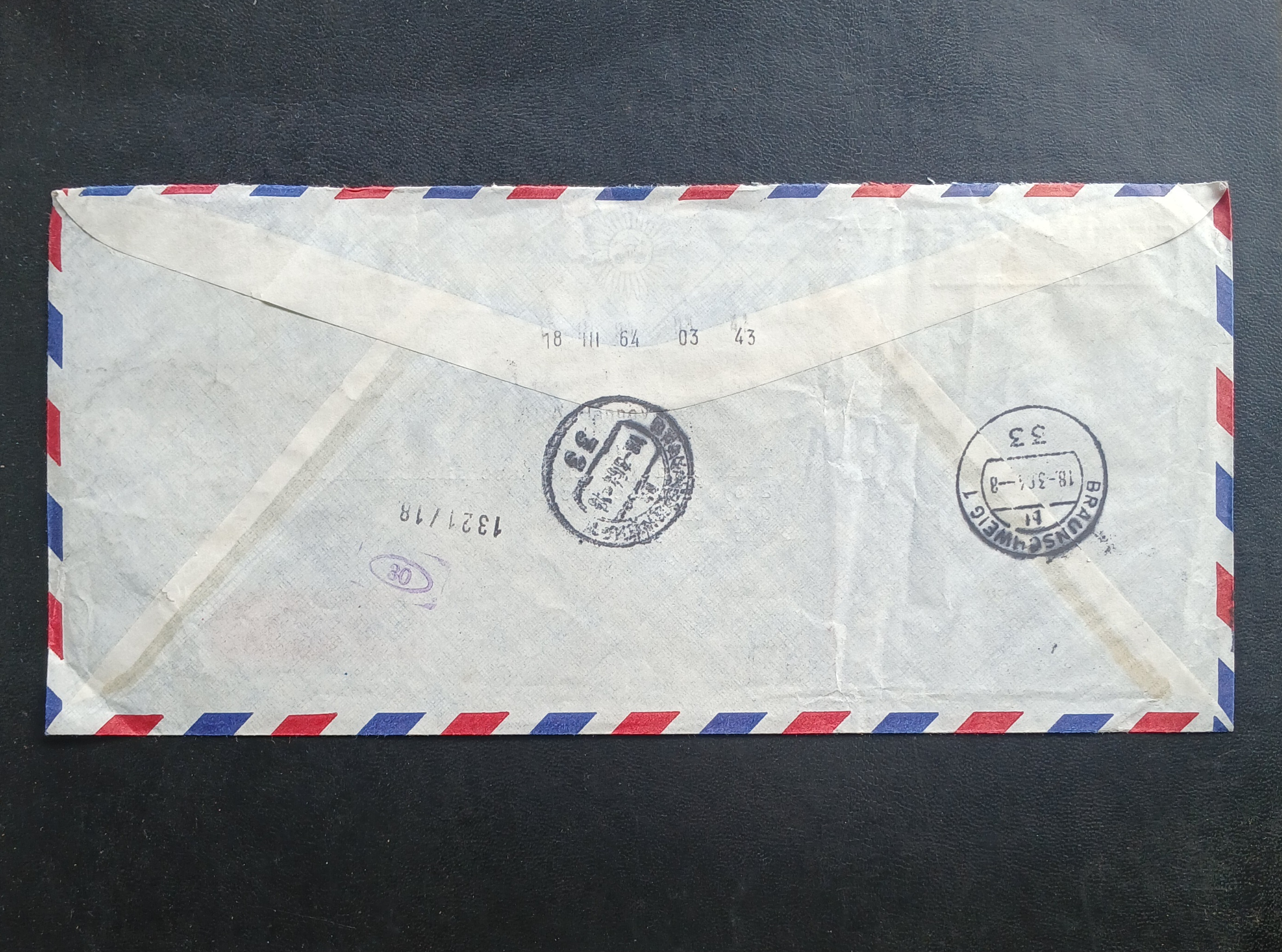 ซองจดหมายเก่า ปี 2507 (1964) BANGKOK-WESTERN GERMANY ตรา EXPRESS ติดแสตมป์พระรูป ร.9 ชุดสอง THAILAND ปี 2494, ชุดสี่ ปี 2506, ไข้มาลาเรีย ปี 2505, 80 ปี ไปรษณีย์โทรเลข ปี 2506 มีตราประทับ ไปรษณีย์กลาง 1964, ตราเยอรมนี BRAUNSCHWEIG 1964