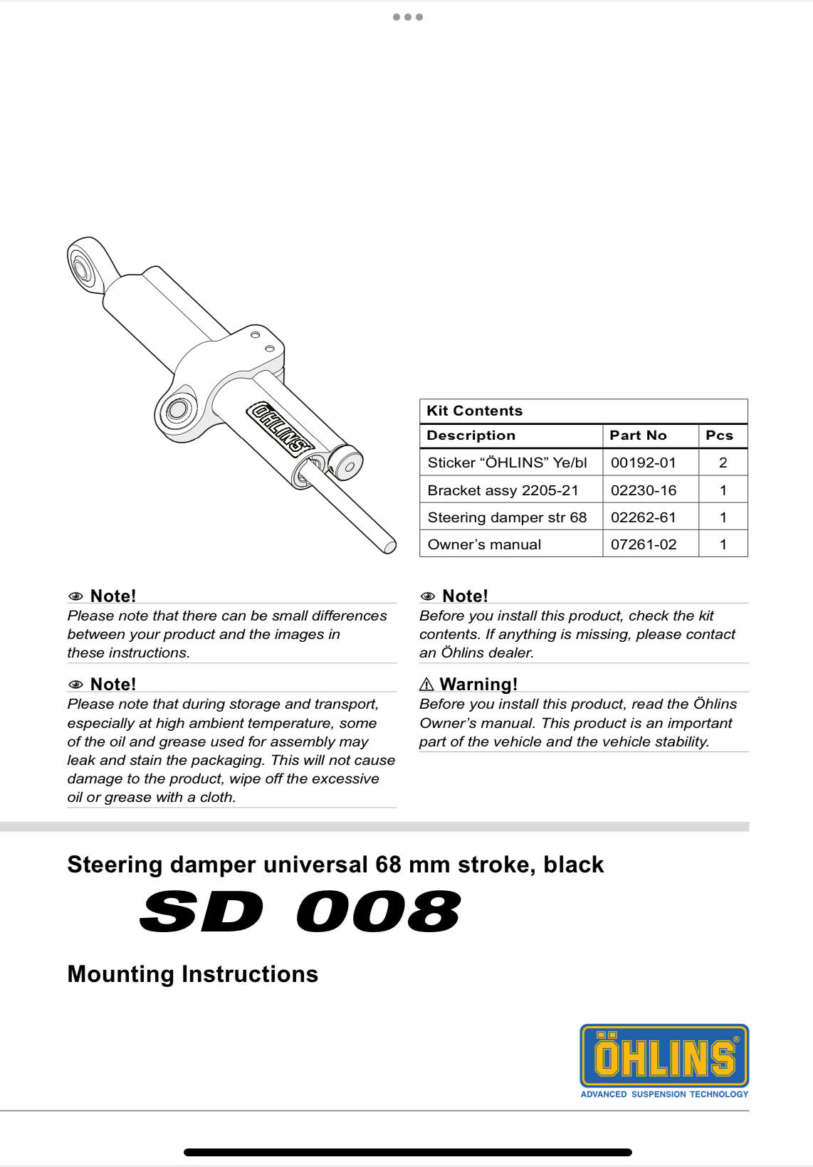 กันสะบัด OHLINS SD 008 สำหรับ Stroke 68 MM