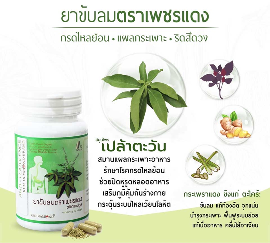 ยาขับลม ตราเพชรแดง 60 แคปซูล (กระปุกเขียว)