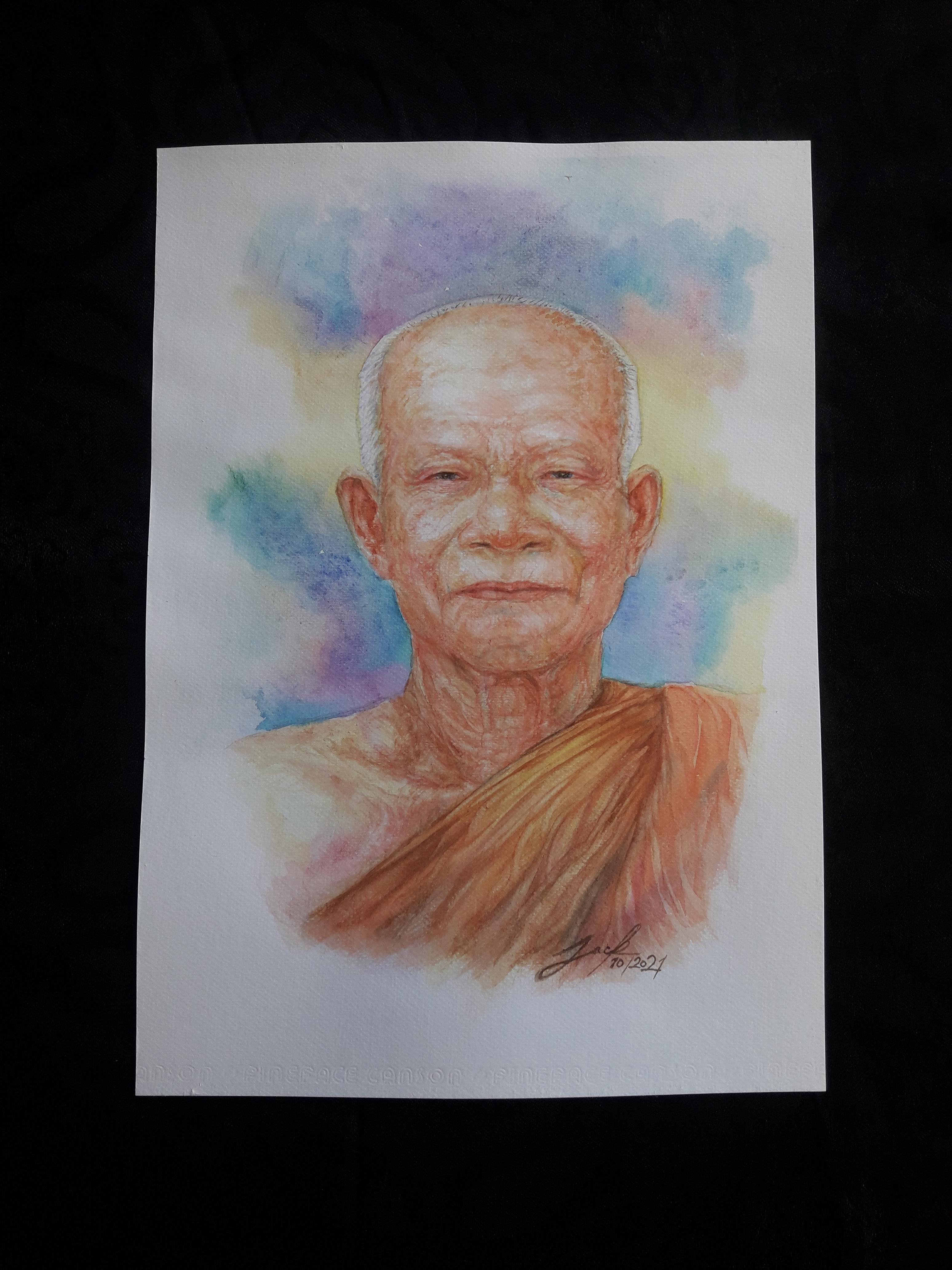 หลวงตาพระมหาบัว วัดป่าบ้านตาด จ.อุดรธานี ภาพวาดสีน้ำ บนกระดาษ Canson 320 แกรม ขนาด A3 งานวาดต้นฉบับ ไม่ใช่ภาพพิมพ์หรือโปสเตอร์ครับ