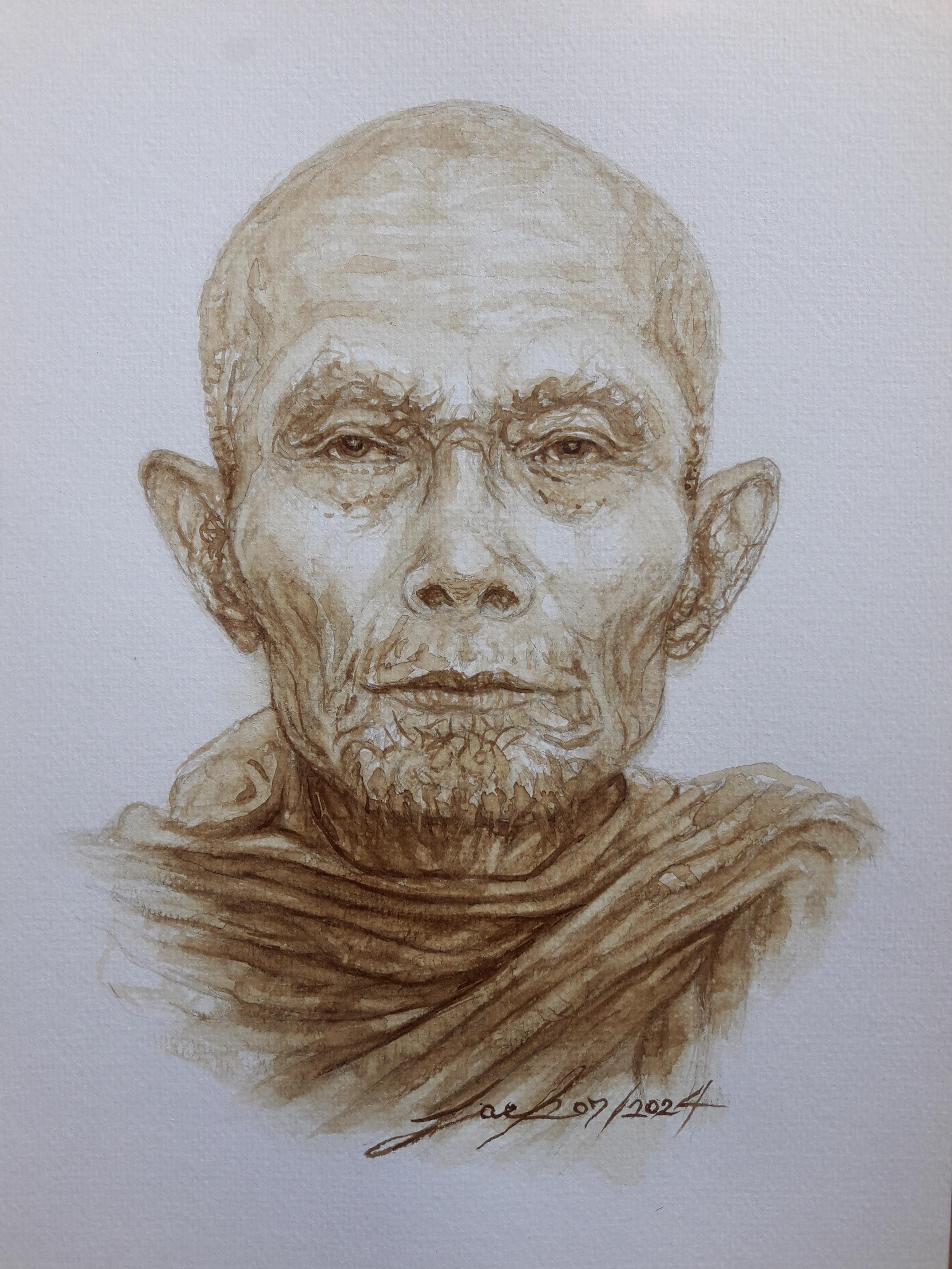 หลวงปู่หลิว วัดไร่แตงทอง จ.นครปฐม ภาพวาดจากกาแฟ บนกระดาษ Canson 320 แกรม ขนาด [A4] 21 cm. x 29.7 cm.งานวาด ไม่ใช่ภาพพิมพ์หรือโปสเตอร์ครับ