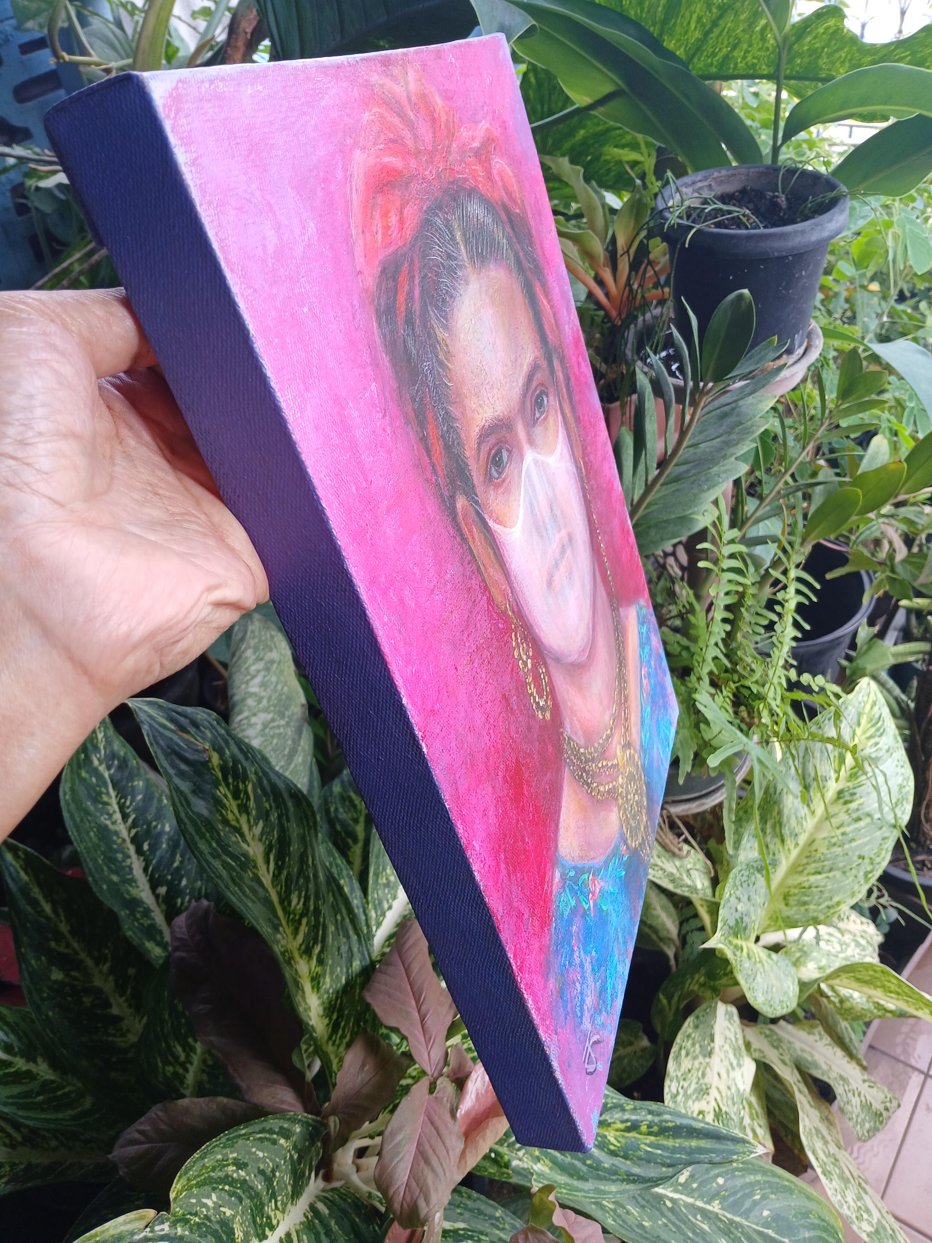 Frida Kahlo ภาพวาดสีอะครีลิค บนเฟรมผ้าใบ แสดงพื้นผิวไม่เรียบบางส่วน ขนาด 30 cm. x 40 cm. ขอบหนา 3 cm. งานเคลือบวานิชแล้วครับ