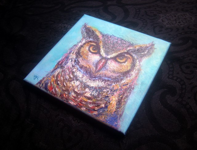 "Owl no.17" ภาพวาดสีน้ำมัน บนเฟรมผ้าใบ canvas ขนาด 20 x 20 cm.