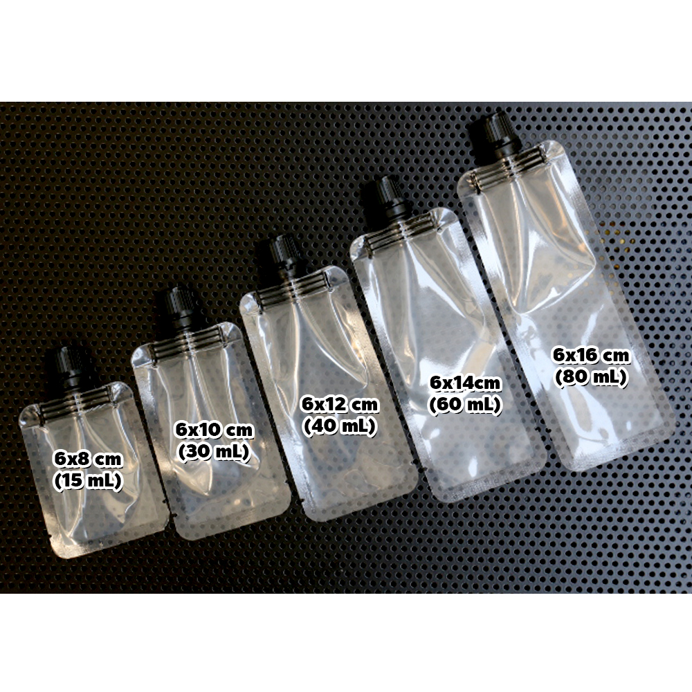 (100ใบ) ถุงฝาเกลียว ถุงติดจุก เพื่อแบ่งบรรจุ รุ่นฝาดำ ขนาดมาตรฐาน ฝาขนาด 0.96 ซม. ทนร้อน Hot Filling ได้