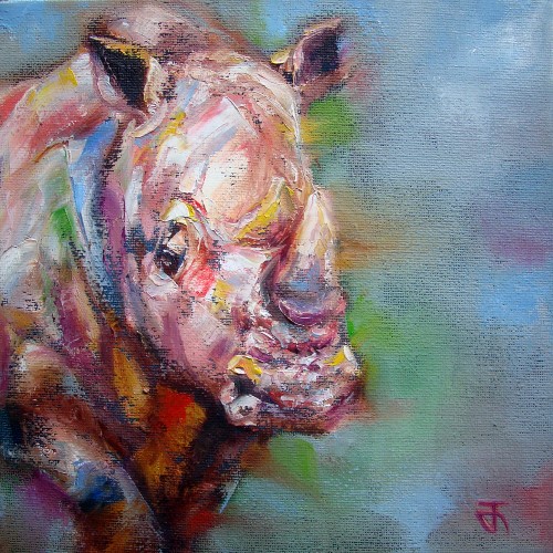 "White Rhino" ภาพวาดสีน้ำมัน เทคนิคเกรียงปาดสี งานเพ้นท์บนเฟรมผ้าใบ canvas ขนาด 20 x 20 cm.