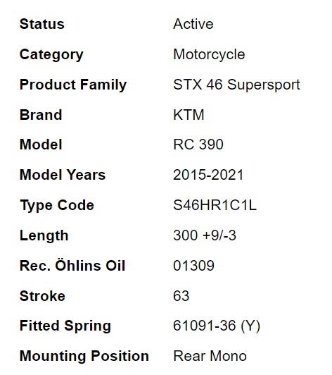 โช๊คหลัง OHLINS FOR KTM RC390 KT 303
