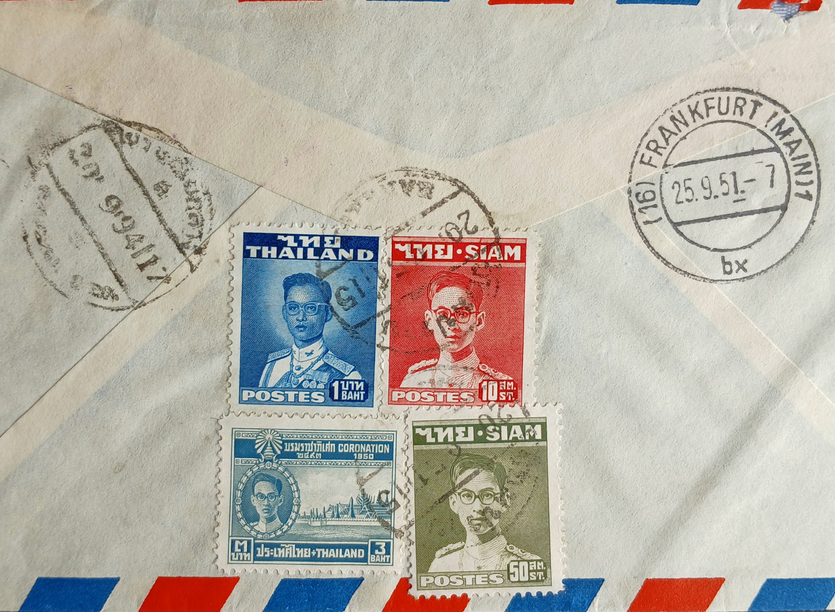s3479-ซองจดหมายเก่า BANGKOK-GERMANY ป้ายR /SIAM ป.ณ.ป้อมปราบ /REGISTERED ติดแสตมป์พระรูป ร.9 SIAM ปี 2492, THAILAND 2494, บรมราชาภิเษก 2493 (ราคาหน้าดวง รวม 4 บาท 60 สตางค์) มีตราประทับป้อมปราบ 1951, ไปรษณีย์กลาง 2494, FRANKFURT 1951
