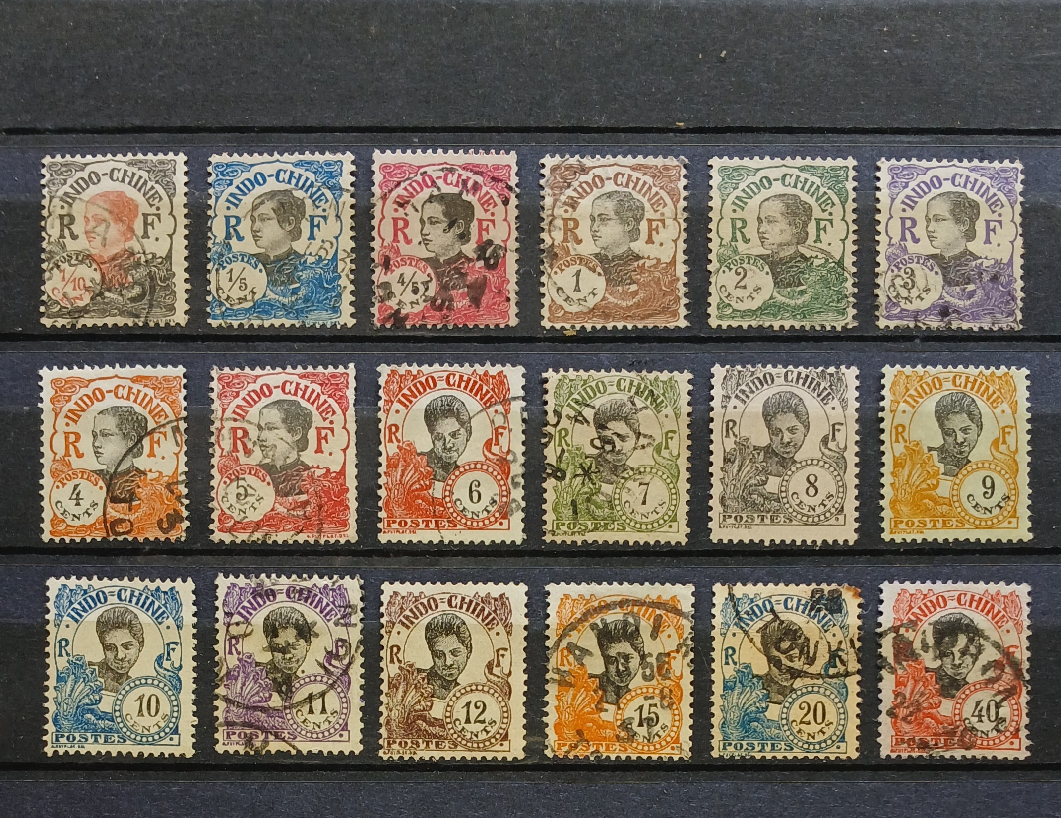 France INDO-CHINE 1922 Annamite women, Cambodia women (New Values & Colours) แสตมป์ฝรั่งเศส อินโดจีน สาวเวียดนาม, กัมพูชา ปี 2465 ไม่ครบชุด ใช้แล้ว จำนวน 18 ดวงไม่ซ้ำ