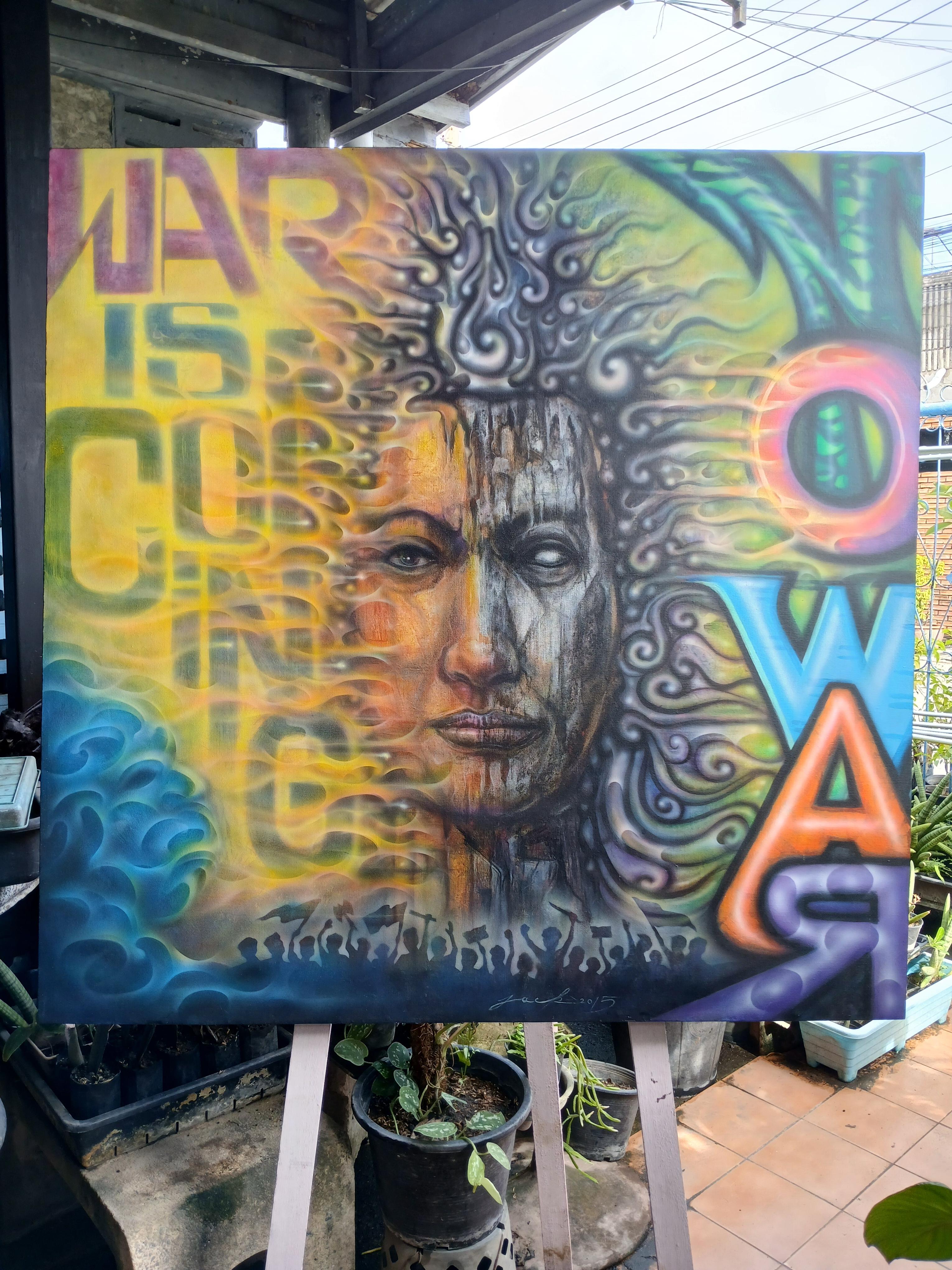 No War 15-3 ภาพวาดสีอะคริลิค และสีแอร์บรัช Createx งานเพ้นท์บนเฟรมผ้าใบ canvas ขนาด 100 x 100 cm.