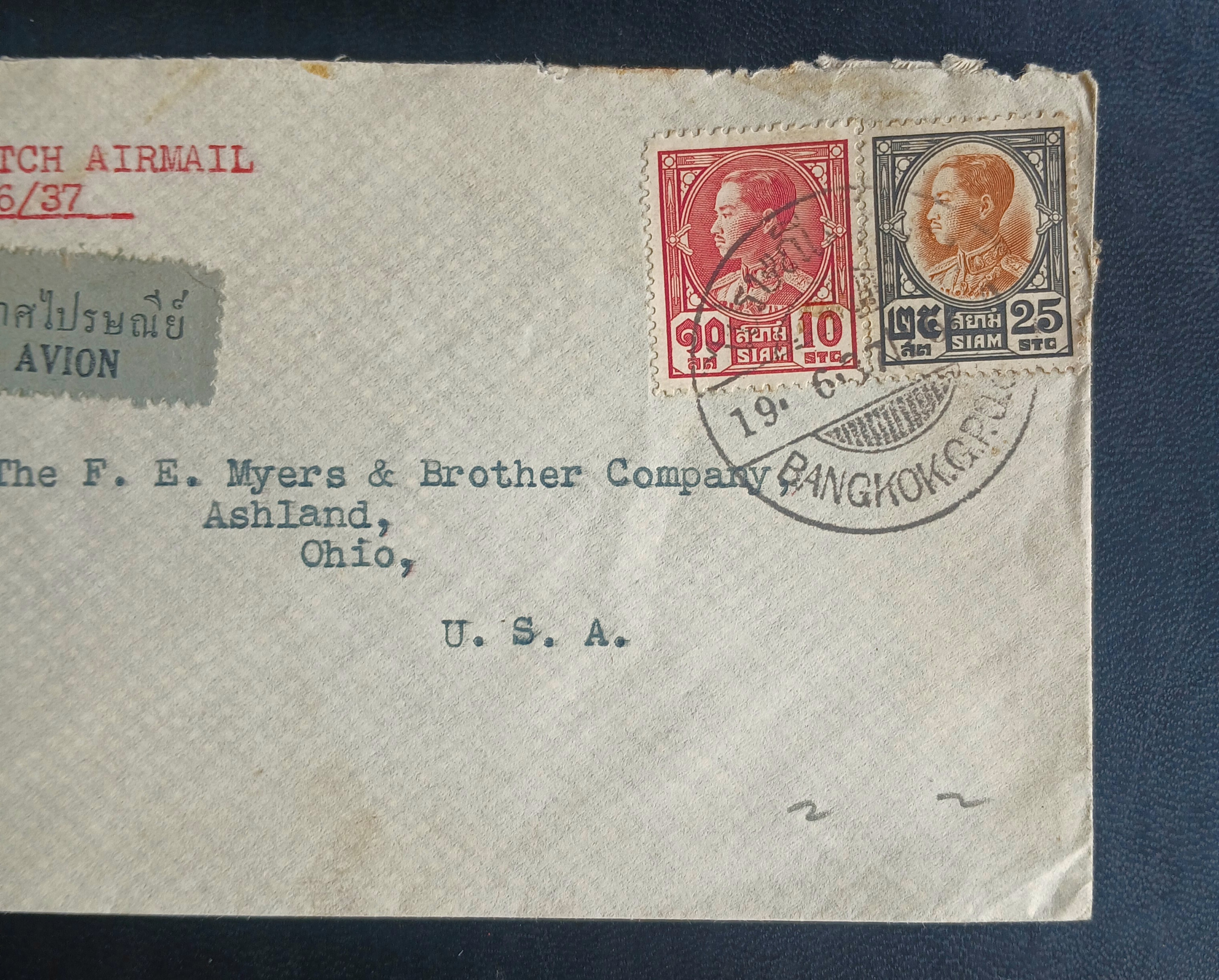 ซองจดหมายเก่า BANGKOK, SIAM - Ohio, U.S.A ติดแสตมป์พระรูป ร.7 ประชาธิปก ปี 2471 มีตราประทับ ไปรษณีย์กลาง 1937 พ.ศ.2480