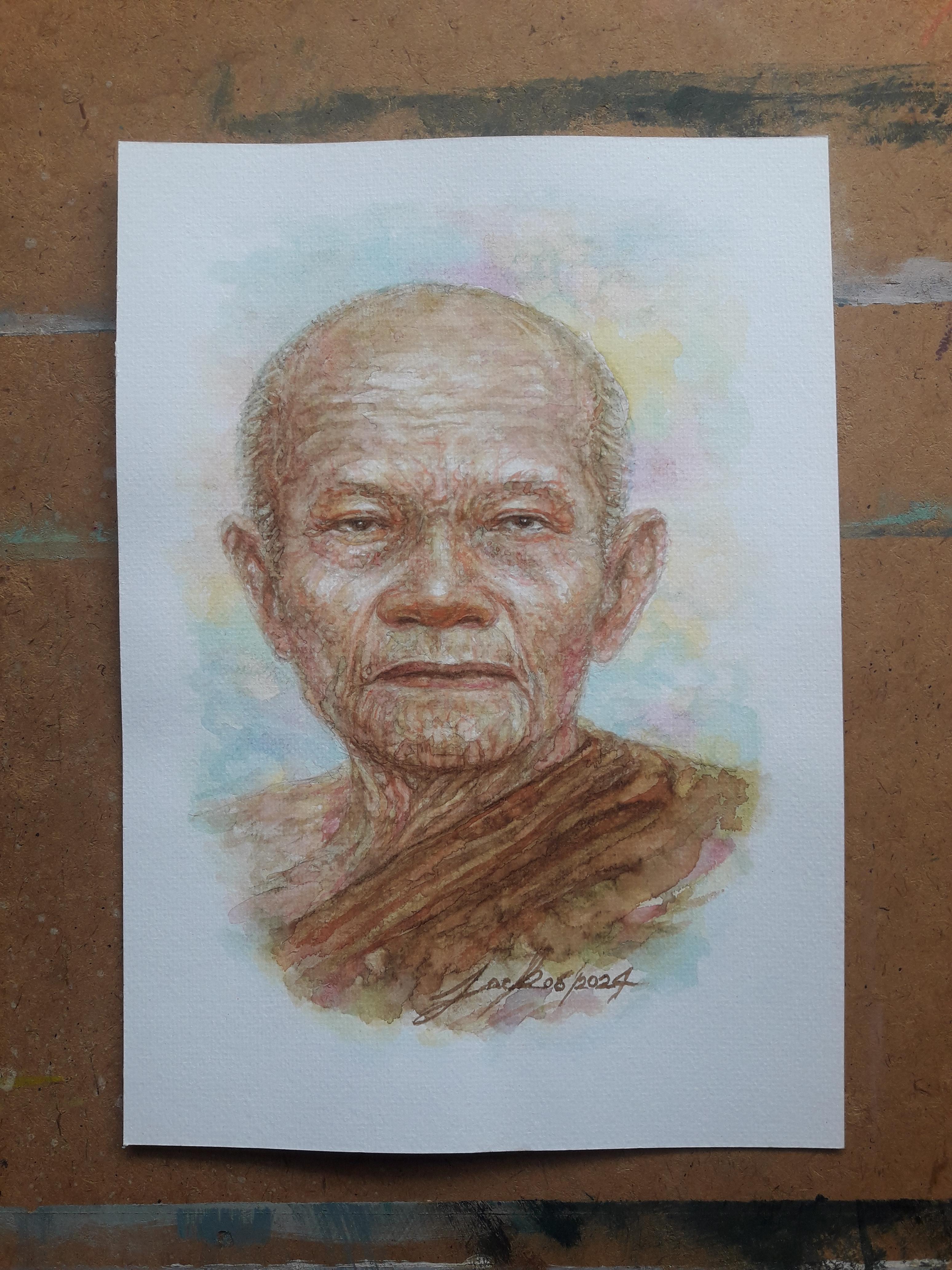 หลวงตาพระมหาบัว วัดป่าบ้านตาด จ.อุดรธานี ภาพวาดสีน้ำ-กาแฟ บนกระดาษ Canson 320 แกรม ขนาด [A4] 21 cm. x 29.7 cm.งานวาด ไม่ใช่ภาพพิมพ์หรือโปสเตอร์ครับ