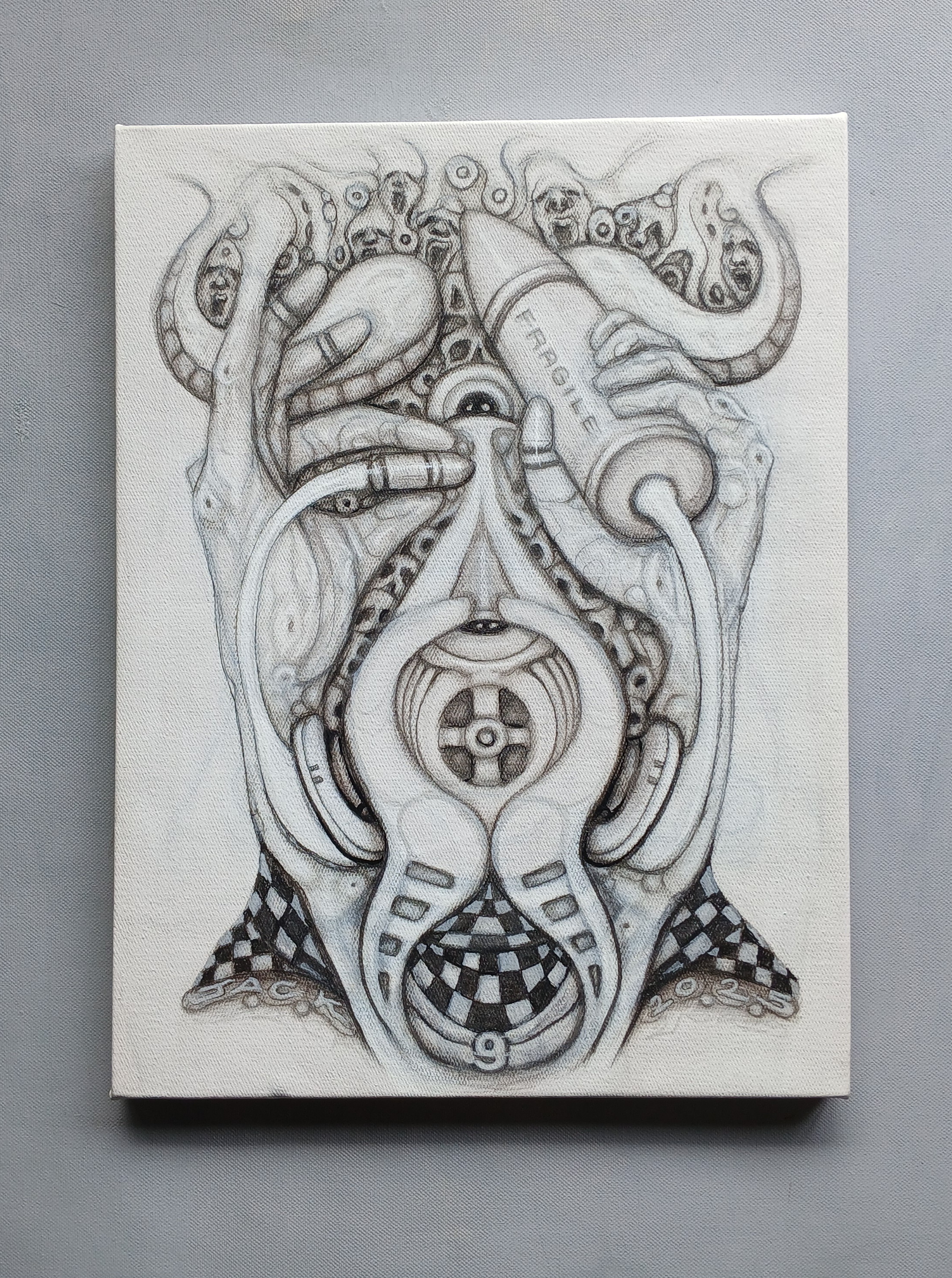 Surreal Portrait 35 วาดเส้นปากกา, สีอะครีลิค บนเฟรมผ้าใบ ขนาด 30 × 40 cm.