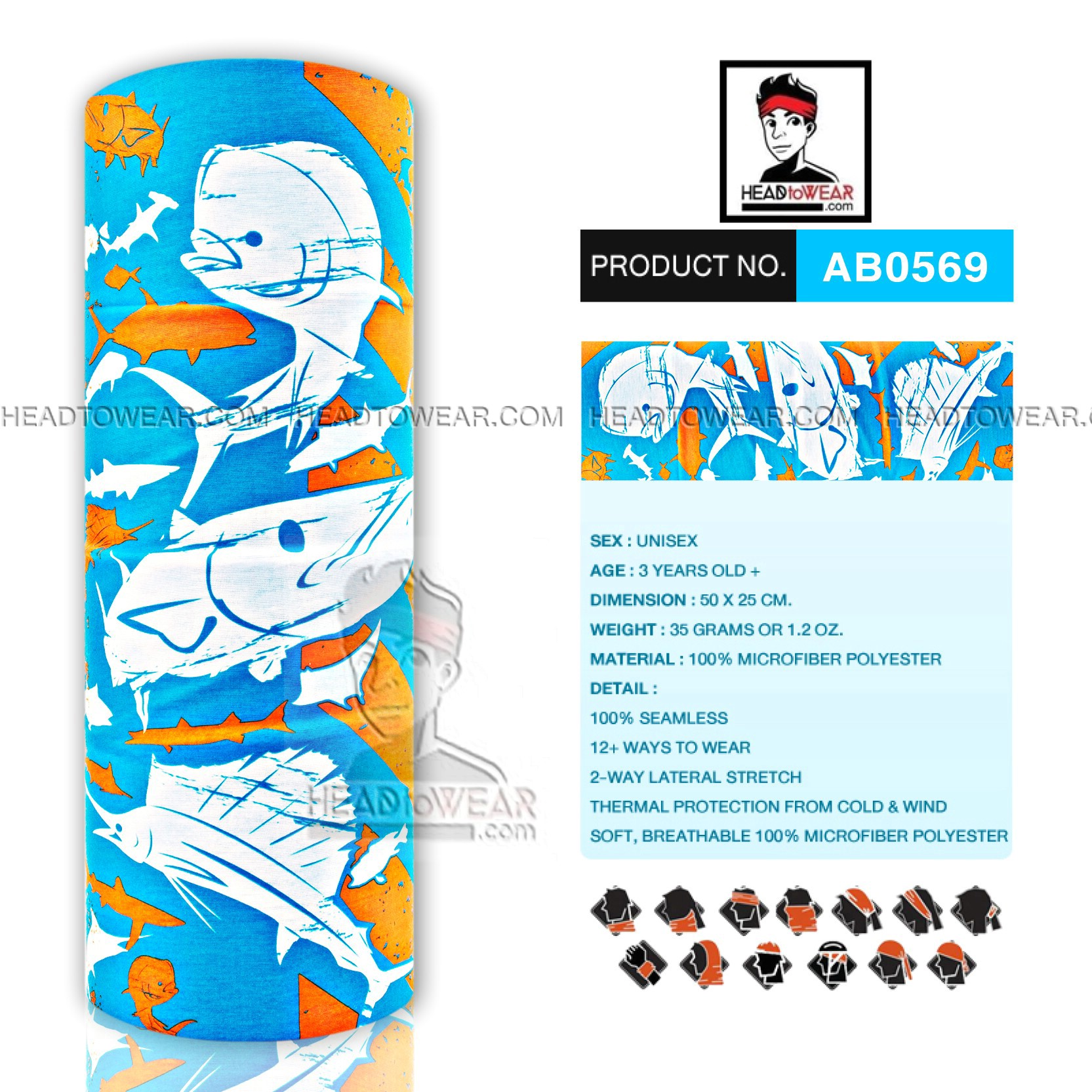 ผ้าโพกหัว ผ้าบัฟ ผ้าคาดผม HeadToWear ลายปลาโทนฟ้า Fish รหัส AB0569