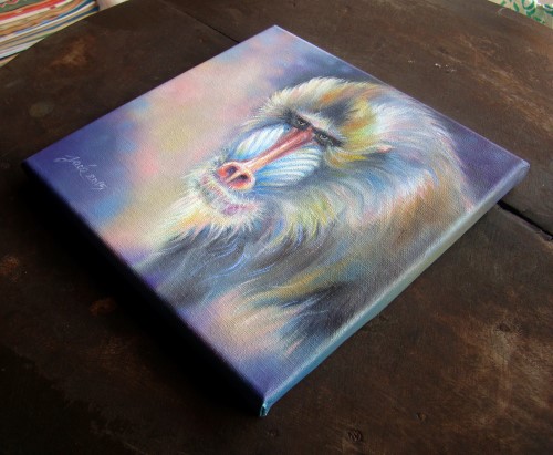 "Mandrill Monkey" ภาพวาดสีน้ำมัน งานเพ้นท์บนเฟรมผ้าใบ canvas ขนาด 20 x 20 cm.(8x8 inch)