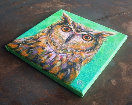 "Owl no.7" ภาพวาดสีอะคริลิค Colorful Impressionism งานเพ้นท์บนเฟรมผ้าใบ canvas ขนาด 20 x 20 cm.