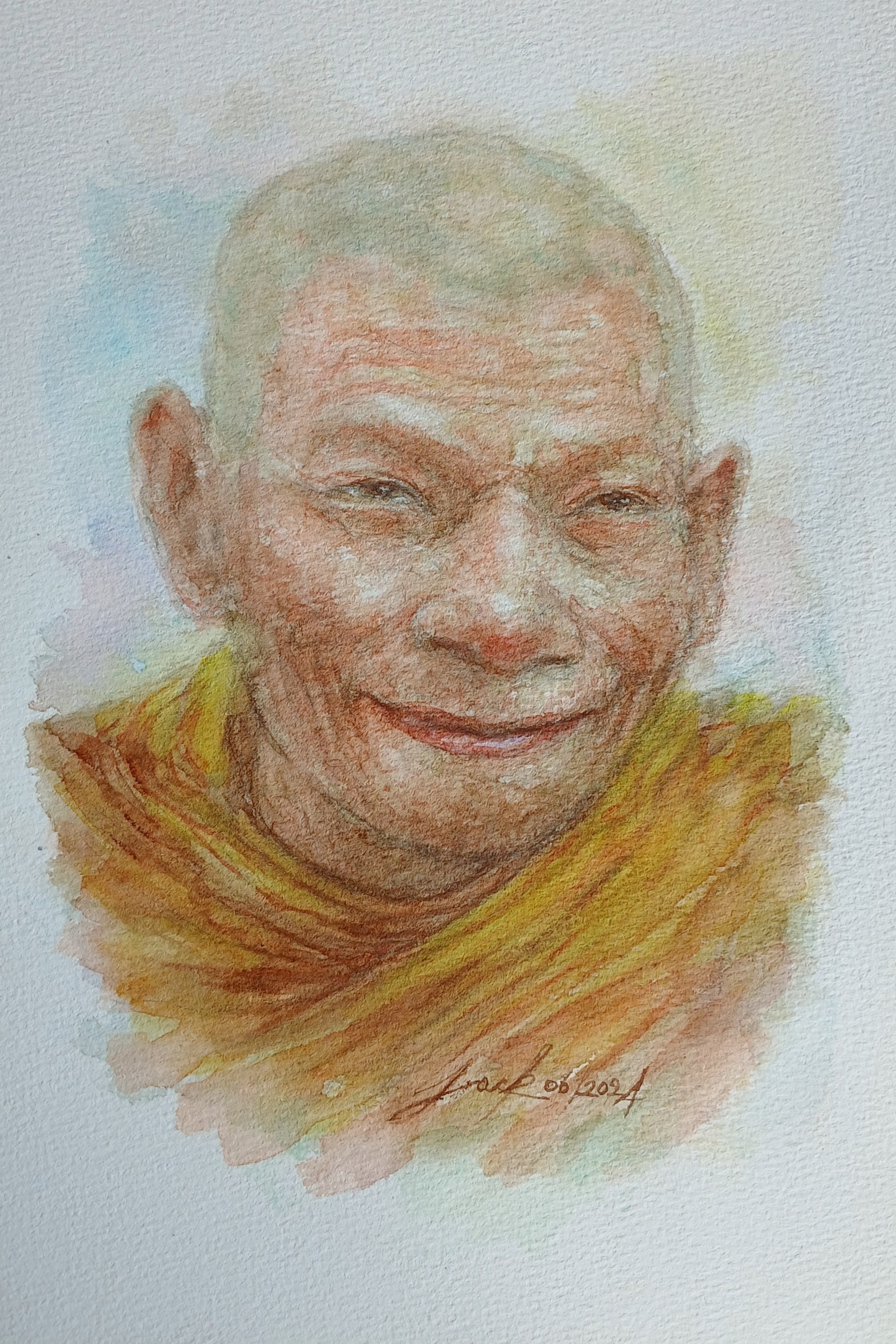หลวงปู่ศิลา วัดพระธาตุหมื่นหิน จ.กาฬสินธุ์ ภาพวาดสีน้ำ+กาแฟ บนกระดาษ 300 แกรม ขนาด [A4] 31 cm. x 21 cm.งานวาด ไม่ใช่ภาพพิมพ์หรือโปสเตอร์ครับ