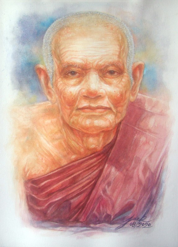 หลวงปู่ทวด วัดช้างให้ ปัตตานี ภาพวาดสีน้ำ บนกระดาษ Canson 300 แกรม ขนาด 11 x 15 นิ้ว งานเพ้นท์ไม่ใช่งานพิมพ์หรือโปสเตอร์ครับ