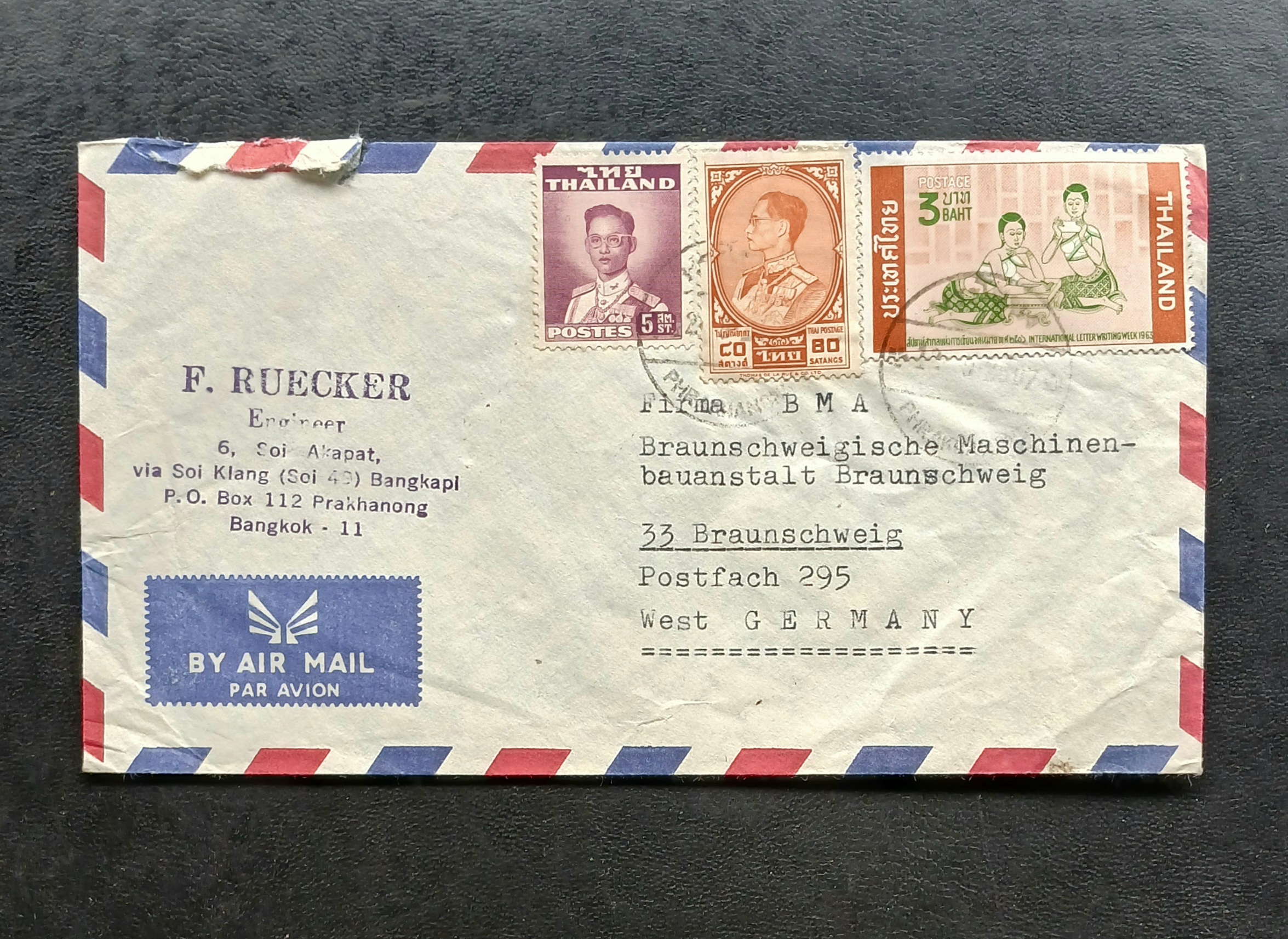 ซองจดหมายเก่า ปี 2507 (1964) BANGKOK-West GERMANY ติดแสตมป์พระรูป ร.9 ชุด2 THAILAND ปี 2494, ชุดสาม ปี 2506, สัปดาห์ฯจดหมาย ปี 2506 มีตราประทับ พระโขนง ปี 2507