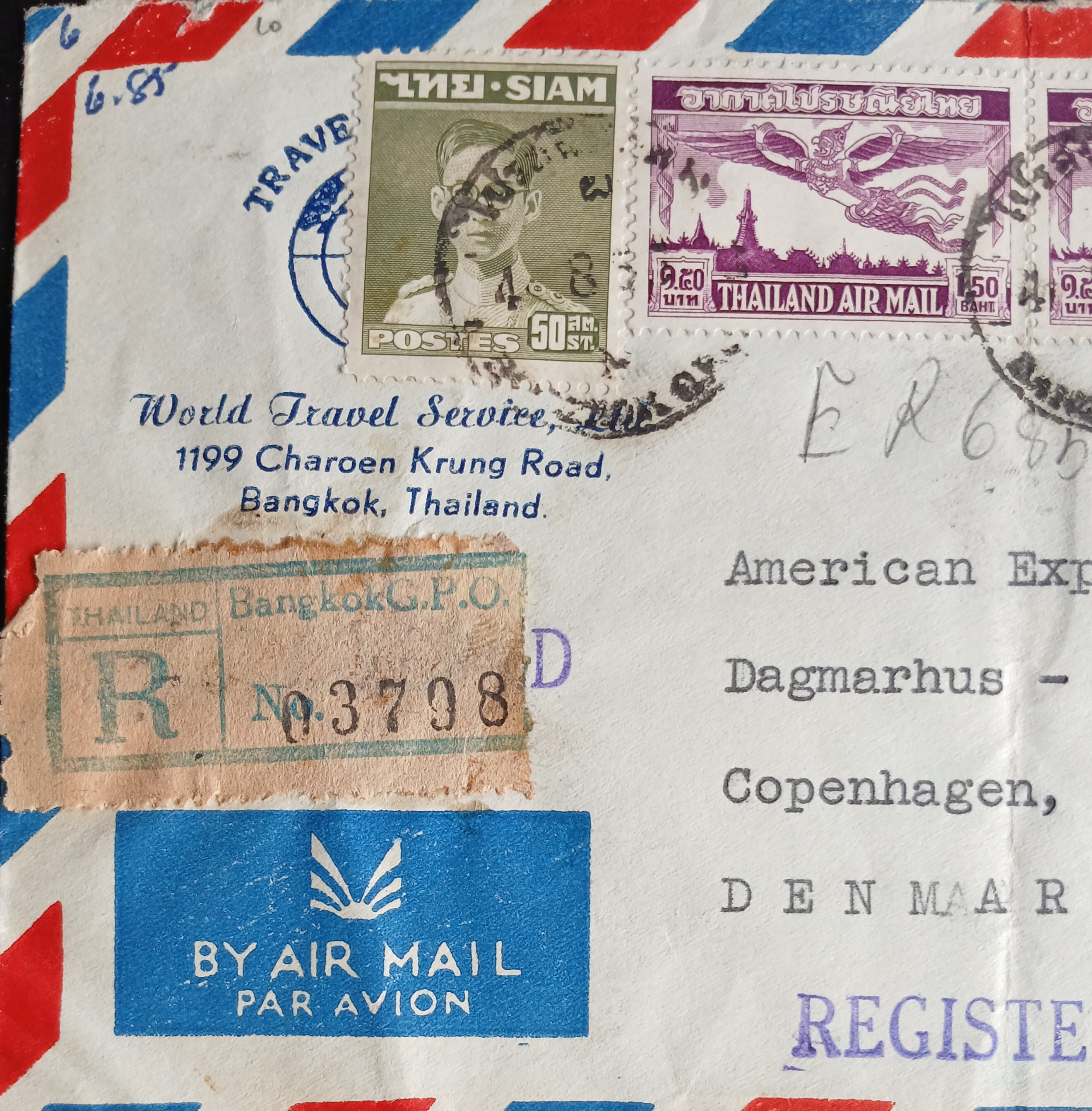 s3474-ซองจดหมายเก่า BANGKOK-DENMARK ป้ายR ลงทะเบียน/REGISTERED/ EXPRESS SPECIAL DELIVERY ติดแสตมป์พระรูป ร.9 SIAM ปี 2490-92, พระนเรศวร 2498 (control mark), ท้าวสุรนารี 2498, อากาศฯชุด4 ปี 2495 (ราคาหน้าดวงแสตมป์รวม 7 บาท) มีตราประทับ ไปรษณีย์กลาง 1955 พ.