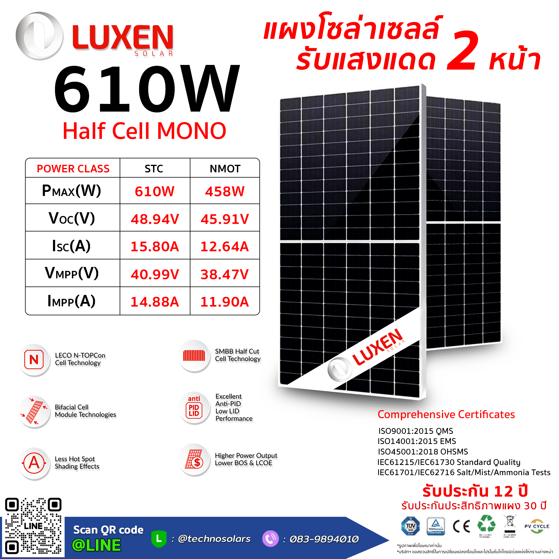 แผ่นโซล่าเซลล์ 610 วัตต์ LUXEN รับแสงแดด 2 ด้าน
