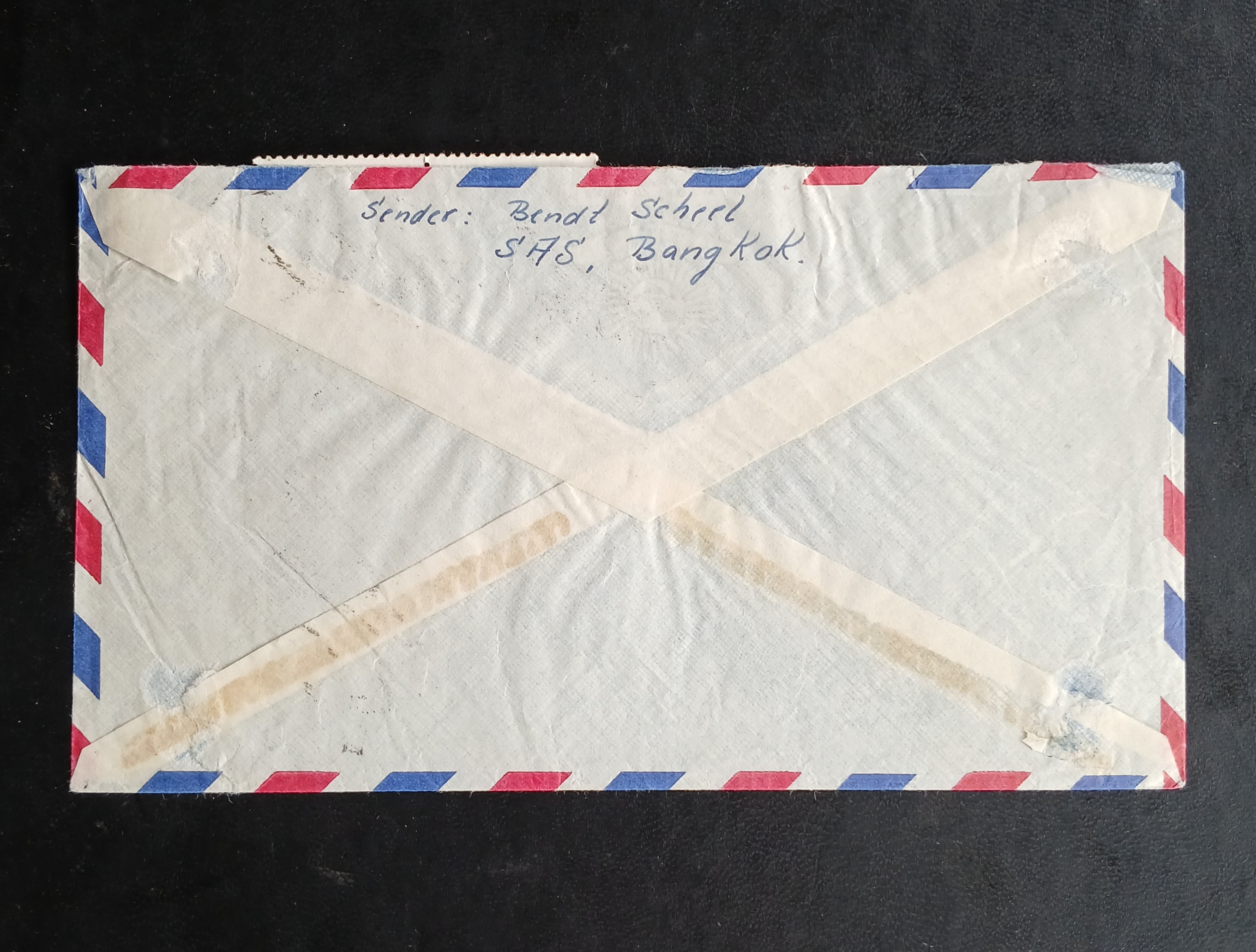 s3482-ซองจดหมายเก่า BANGKOK-Copenhagen DENMARK จ่าหน้าซองแบบ เขียนลายมือ ติดแสตมป์พระรูป ร.9 THAILAND 2498, บรมราชาภิเษก 2493, กีฬาแหลมทอง 2502 Seap Games 1959 (ราคาหน้าดวง รวม 7 บาท 70 สตางค์) มีตราประทับ ไปรษณีย์กลาง 1959 พ.ศ.2502
