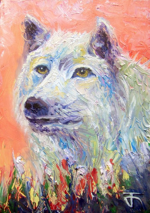 ACEO-ฺWolf no.2 ภาพวาดสีน้ำมัน บนกระดาษ art card ขนาด 2.5 x 3.5 นิ้ว