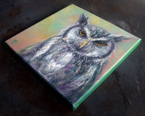 "Owl no.6" ภาพวาดสีน้ำมัน เทคนิคเกรียงปาดสี งานเพ้นท์บนเฟรมผ้าใบ canvas ขนาด 20 x 20 cm.