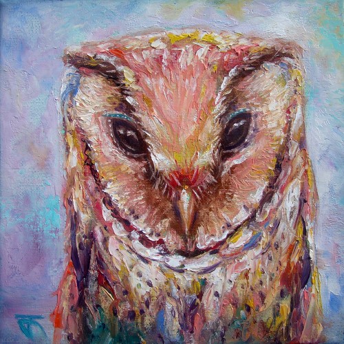 "Oriental Bay Owl" ภาพวาดสีน้ำมัน เทคนิคเกรียงปาดสี งานเพ้นท์บนเฟรมผ้าใบ canvas ขนาด 20 x 20 cm.