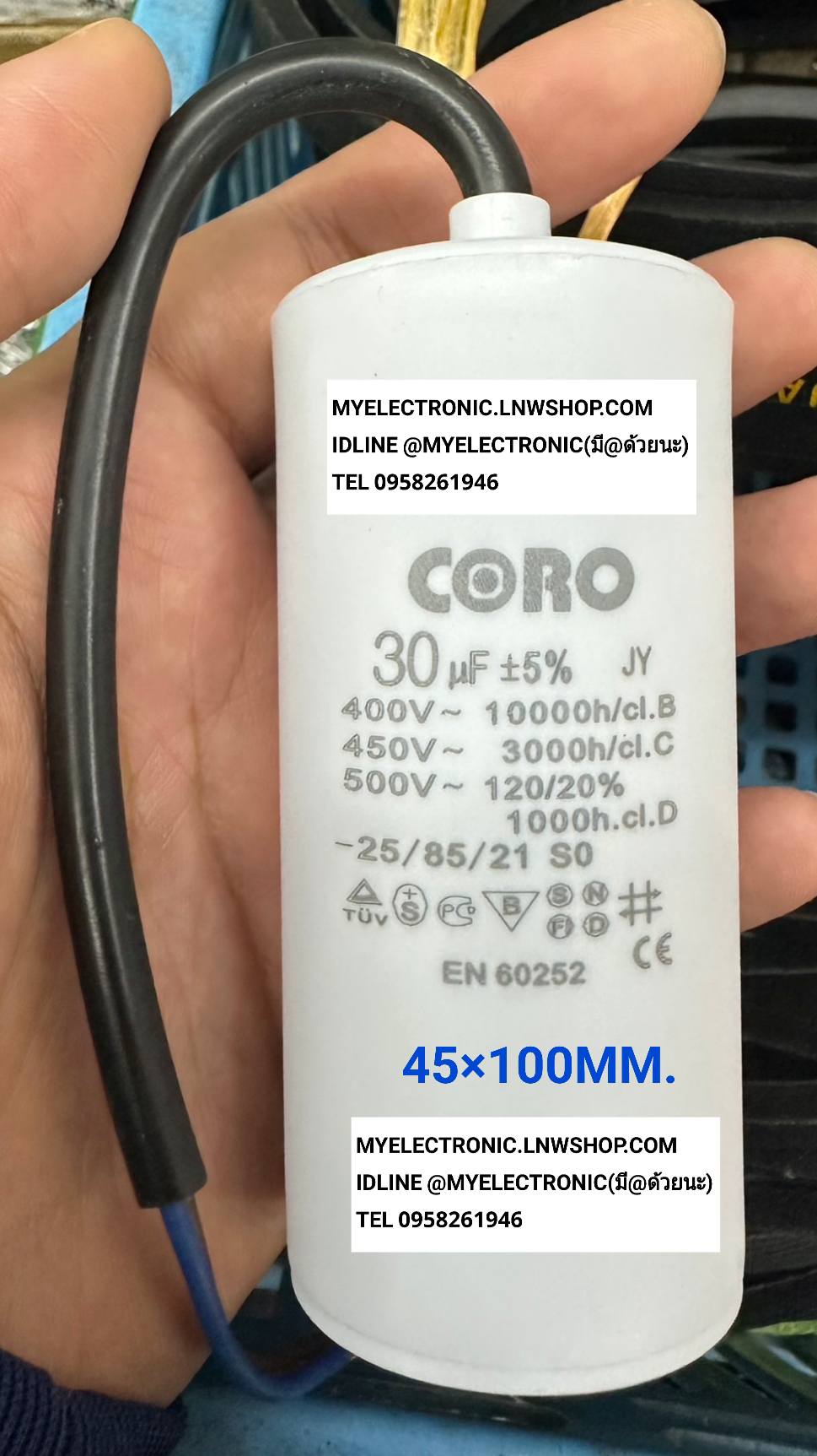 ขาย , 30UF450V , มีสาย , ไฟ , CAPACITOR , RUN , คาปาซิเตอร์ , รัน , CAP-RUN , แคปรัน , ยี่ห้อ , CORO , 30UF450VAC , ขนาด , เส้นผ่านศูนย์กลาง , 45มม. , สูง100มม. , 45×100MM. , ราคา , ตัวละ , , . . . หน่วย , บาท