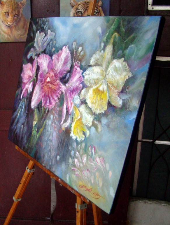 " กล้วยไม้ " ภาพวาดสีน้ำมัน งานเพ้นท์บนเฟรมผ้าใบ canvas ขนาด 50 x 60 cm.