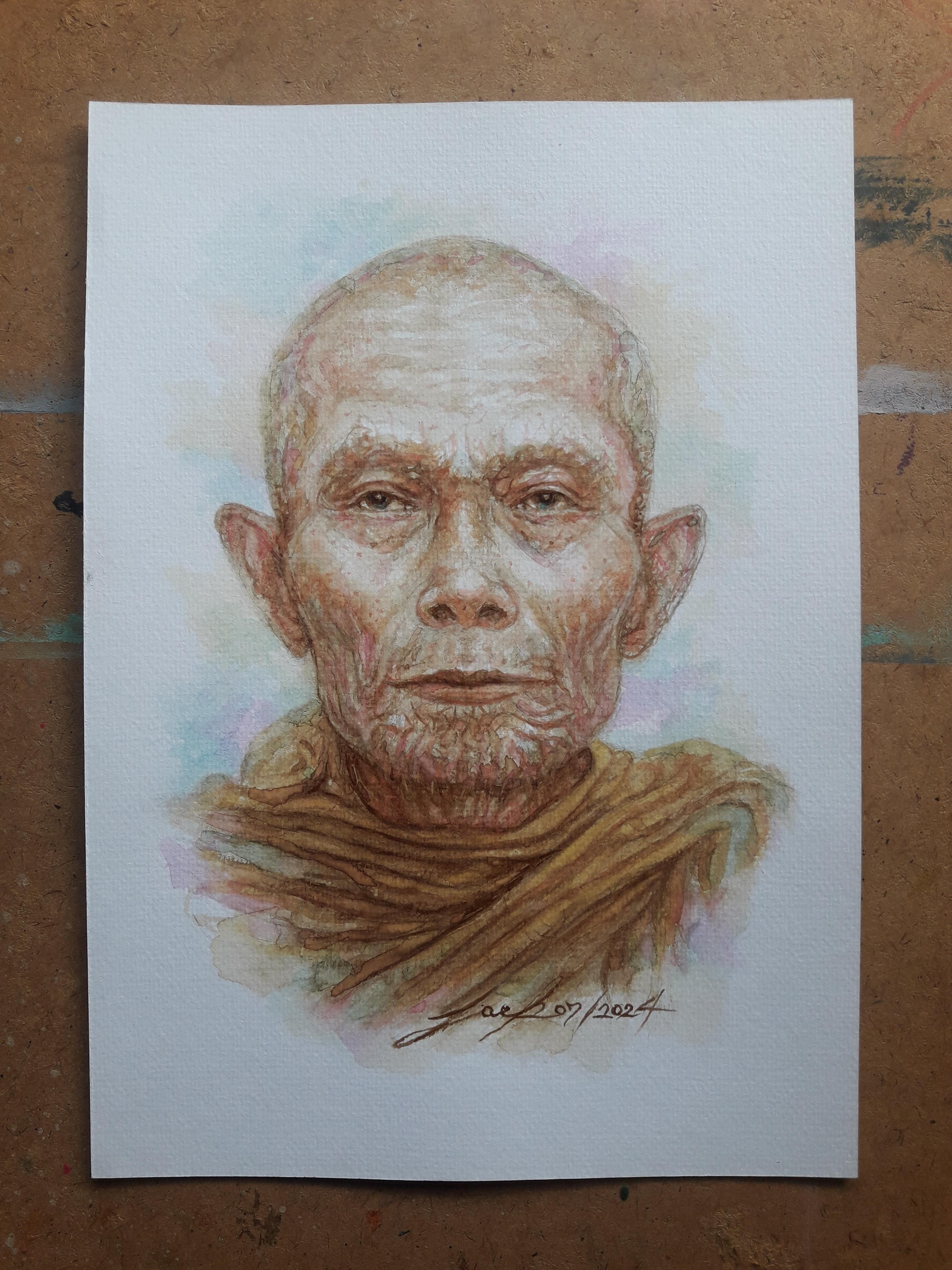 หลวงปู่หลิว วัดไร่แตงทอง จ.นครปฐม ภาพวาดสีน้ำ+กาแฟ บนกระดาษ Canson 320 แกรม ขนาด [A4] 21 cm. x 29.7 cm.งานวาด ไม่ใช่ภาพพิมพ์หรือโปสเตอร์ครับ