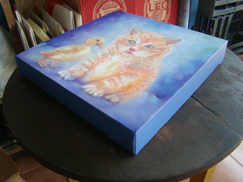 Kitty & Duck ภาพวาดสีน้ำมัน งานเพ้นท์บนเฟรมผ้าใบ canvas ขนาด 30x30 cm.