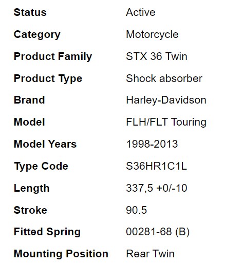 โช๊คหลัง OHLINS HD 357 (337 mm, black springs) FOR HARLEY DAVISON FLH/FLT Touring