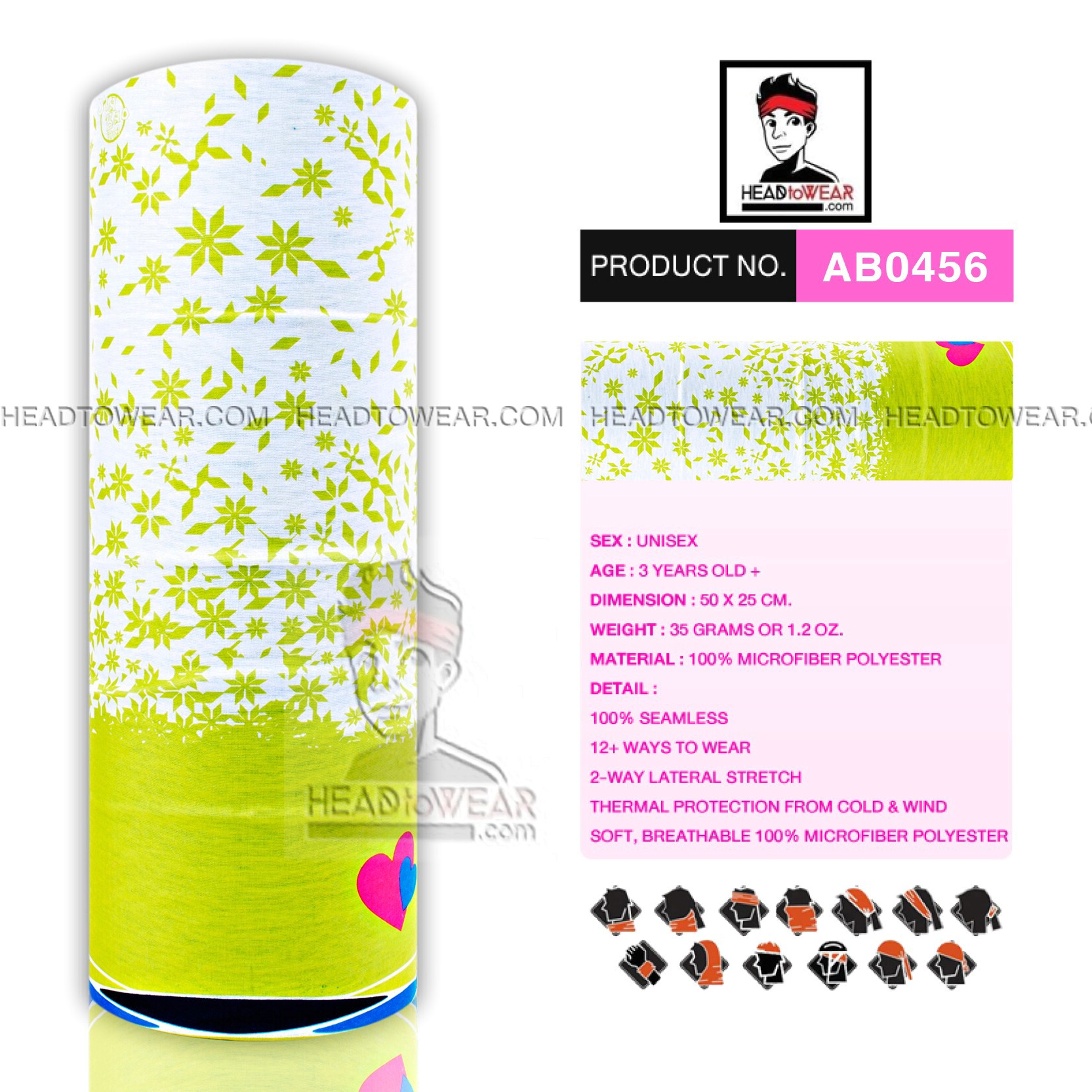 ผ้าโพกหัว ผ้าบัฟ ผ้าคาดผม HeadToWear ลายดอกไม้โทนเขียว-ขาว Flower รหัส AB0456