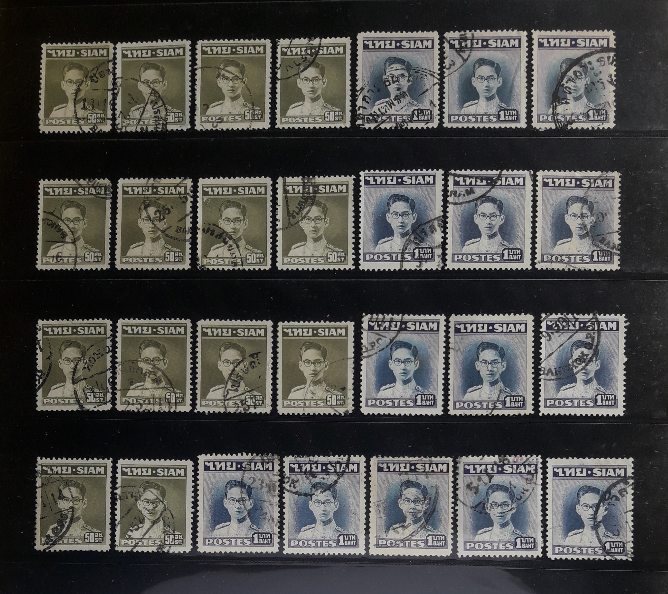 s3275-แสตมป์พระรูป ในหลวง รัชกาลที่ 9 ชุดแรก SIAM พ.ศ.2491-92 หน้าดวง 50 สตางค์, 1 บาท รวม 28 ดวง ใช้แล้ว ราคาเบา น่าสะสมครับ