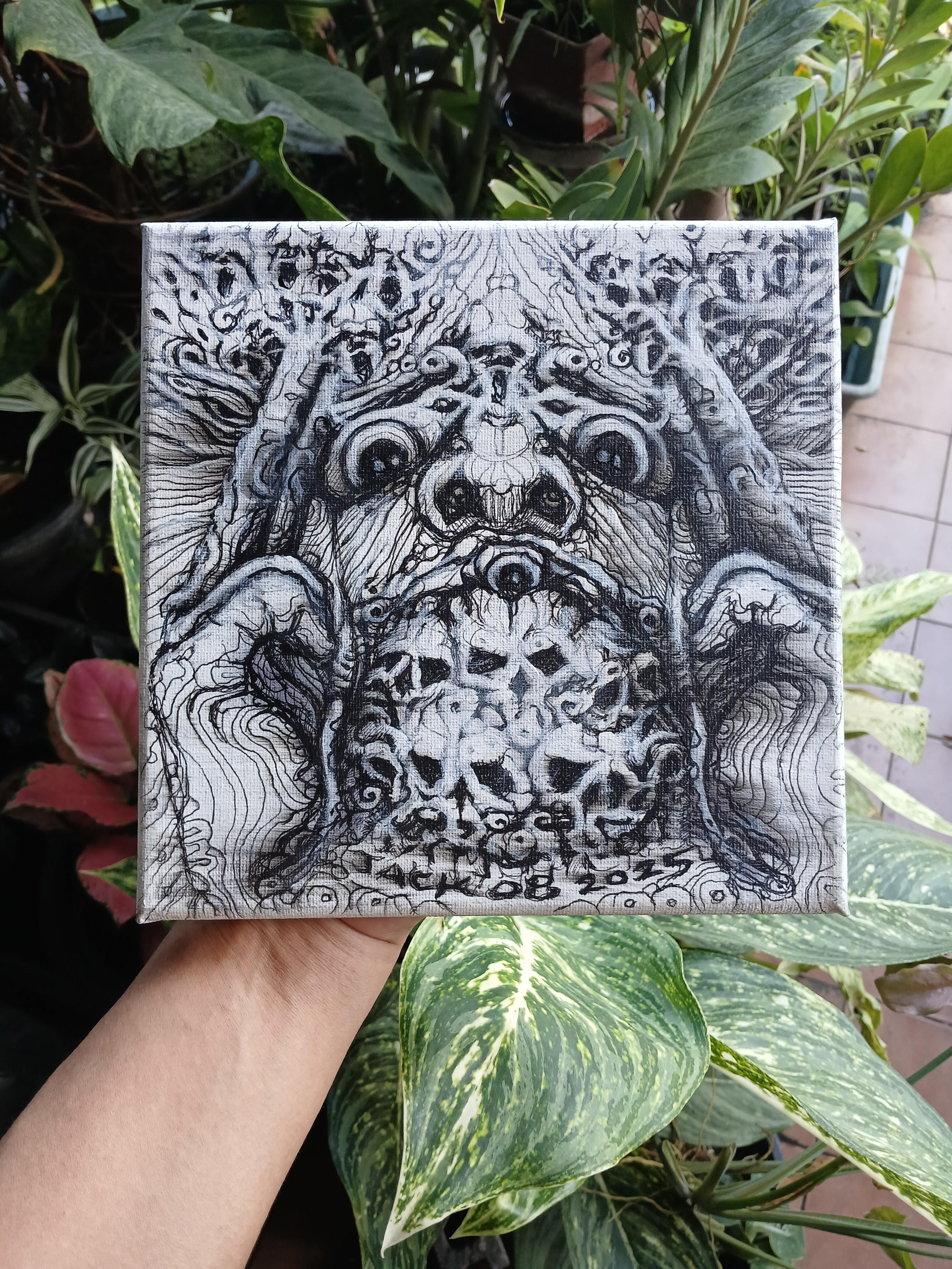 Surreal Portrait 30 (Overdose) วาดเส้นปากกา หมึกดำ, สีอะครีลิค บนเฟรมผ้าใบ ขนาดเล็ก 20 × 20 cm.