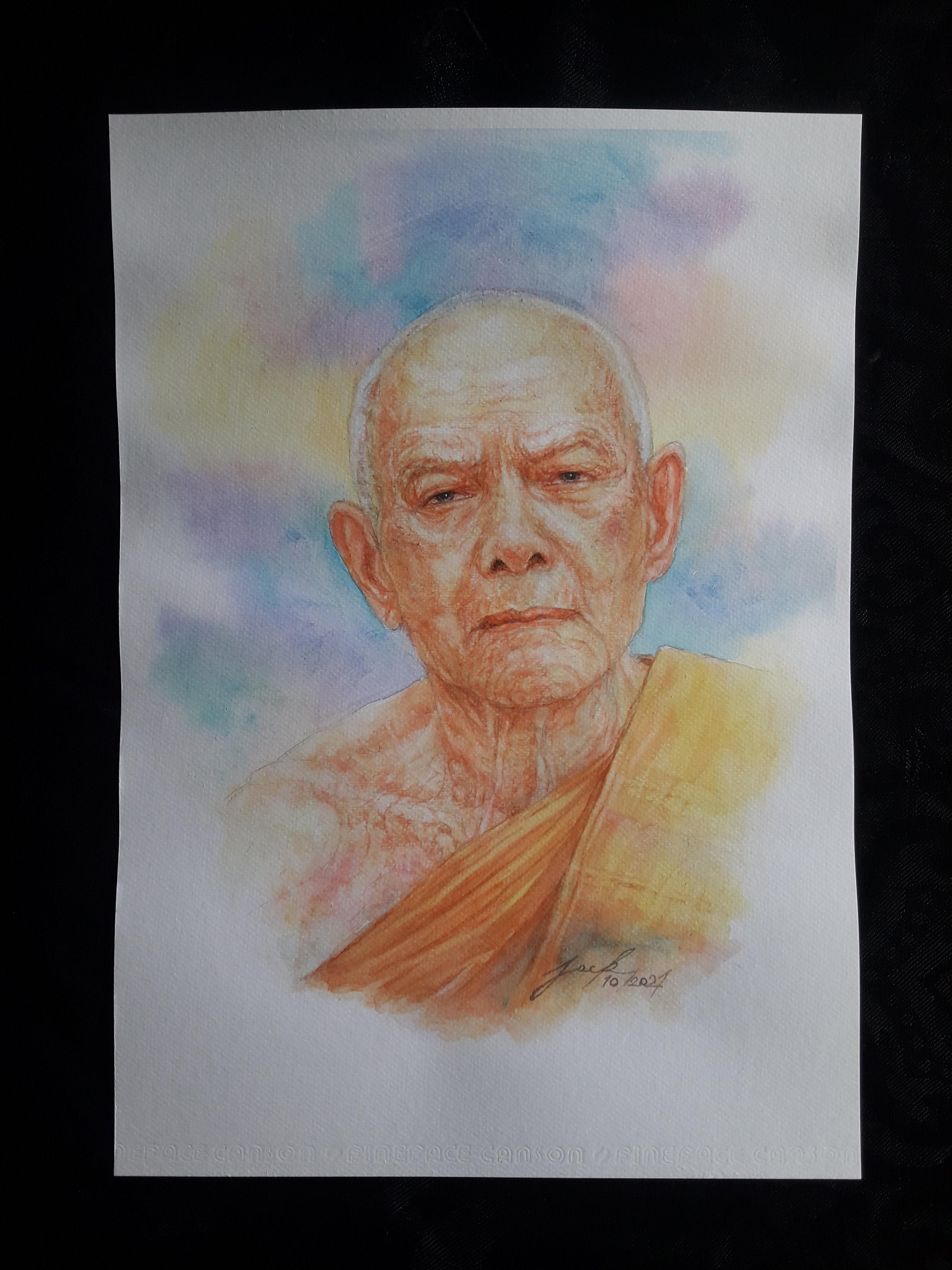 หลวงปู่ทิม วัดละหารไร่ จ.ระยอง ภาพวาดสีน้ำ บนกระดาษ Canson 320 แกรม ขนาด A3 งานวาดต้นฉบับ ไม่ใช่ภาพพิมพ์หรือโปสเตอร์ครับ
