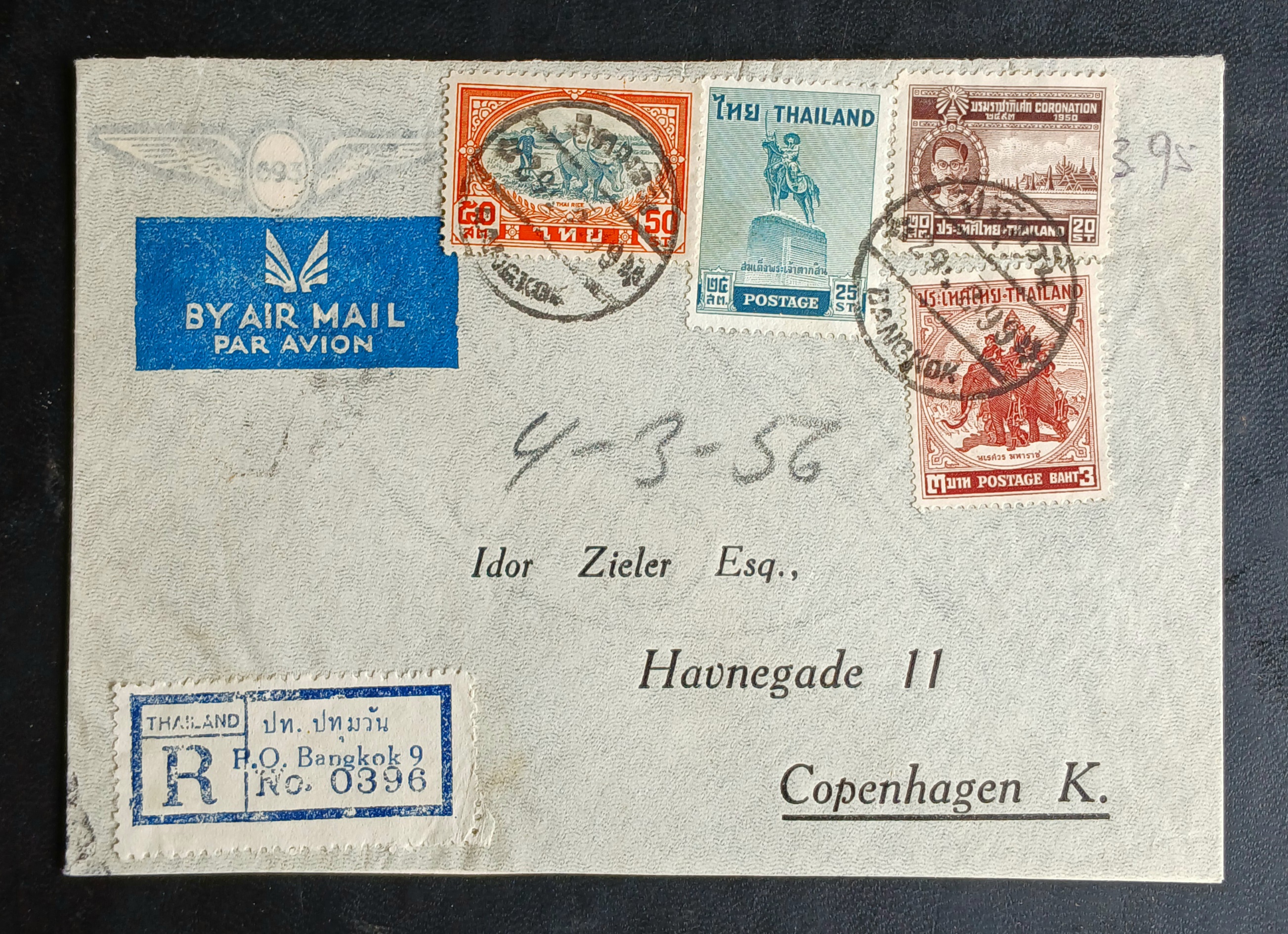 s3477-ซองจดหมายเก่า BANGKOK-Copenhagen DENMARK ป้ายR / ปท.ปทุมวัน ติดแสตมป์ ร.8 บางปะอิน ปี 2484, ร.9 บรมราชาภิเษก 2493, พระนเรศวร 2498, พระเจ้าตากสิน 2498 (ราคาหน้าดวง รวม 3 บาท 95 สตางค์) มีตราประทับ ปทุมวัน 2499, ไปรษณีย์กลาง พ.ศ.2499 / ปี 1956