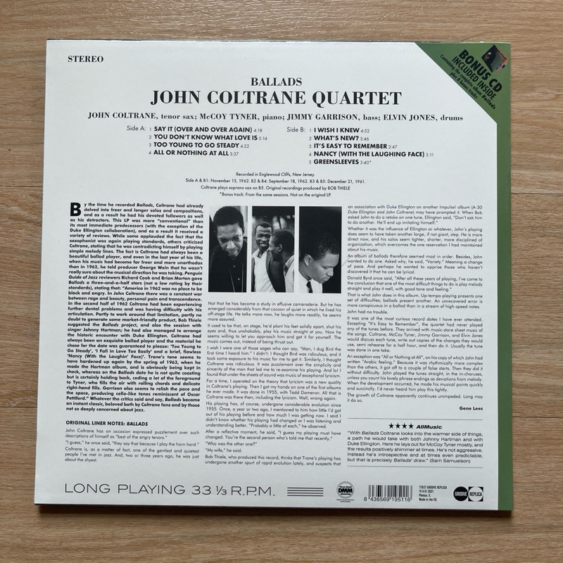 แผ่นเสียง The John Coltrane Quartet - Ballads, Vinyl, LP, Album, **Limited Edition+ Bonus CD มือหนึ่ง ซีล