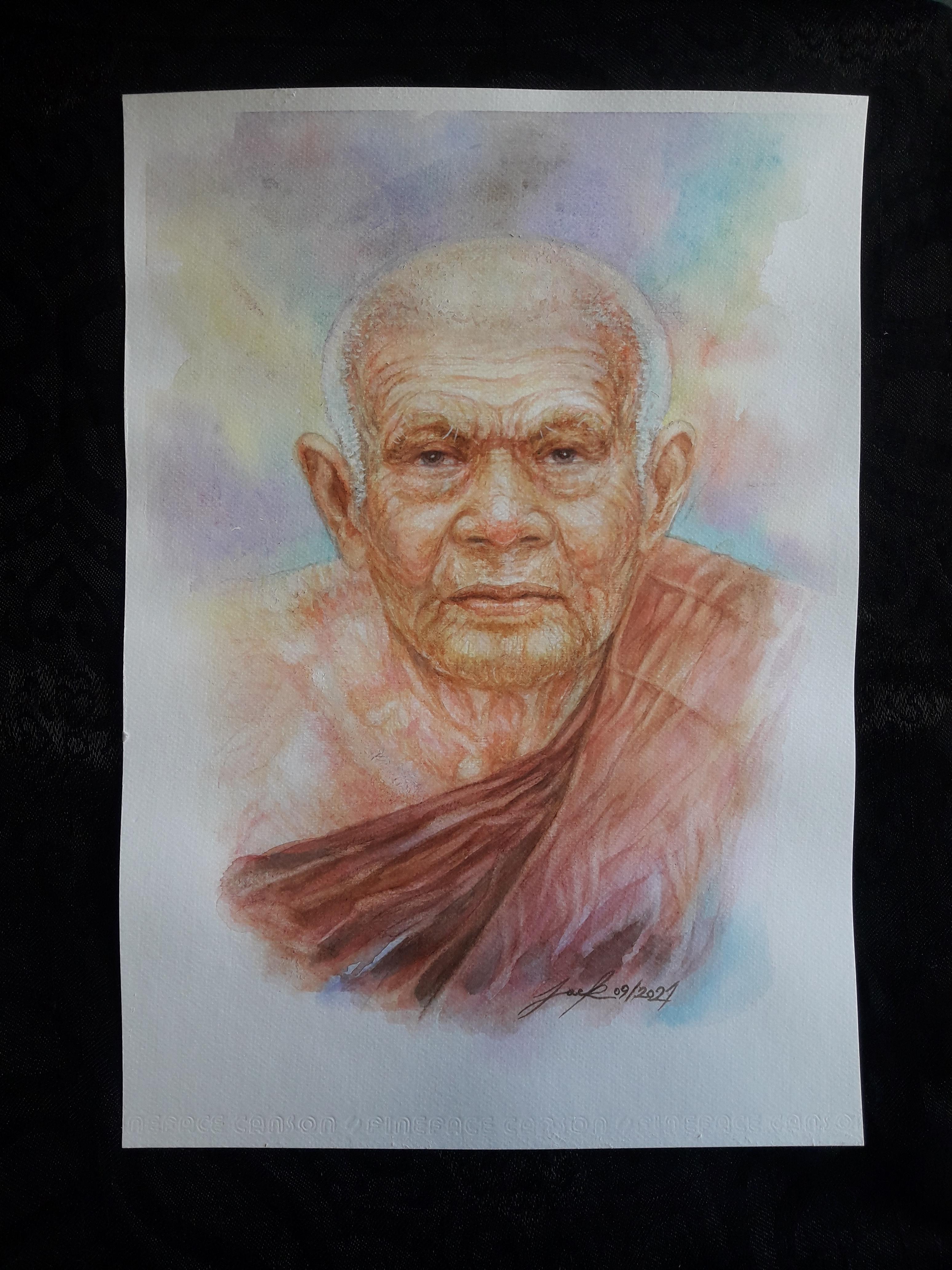 หลวงปู่ทวด วัดช้างให้ ปัตตานี ภาพวาดสีน้ำ บนกระดาษ Canson 320 แกรม ขนาด A3 งานวาดต้นฉบับ ไม่ใช่ภาพพิมพ์หรือโปสเตอร์ครับ