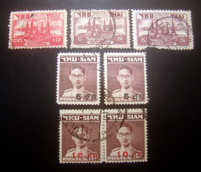 [s2850]-แสตมป์พระรูป ในหลวง รัชกาลที่ 9 สยาม พิมพ์แก้ราคา ปี 2498 (2 ชุด) หน้าดวง 10 สตางค์ แบบติดกันเป็นคู่ หายาก + อากาศไปรษณีย์(ชุด3) ปี 2485-86 จำนวน 3 ดวง ใช้แล้ว ราคาเบา น่าสะสมครับ