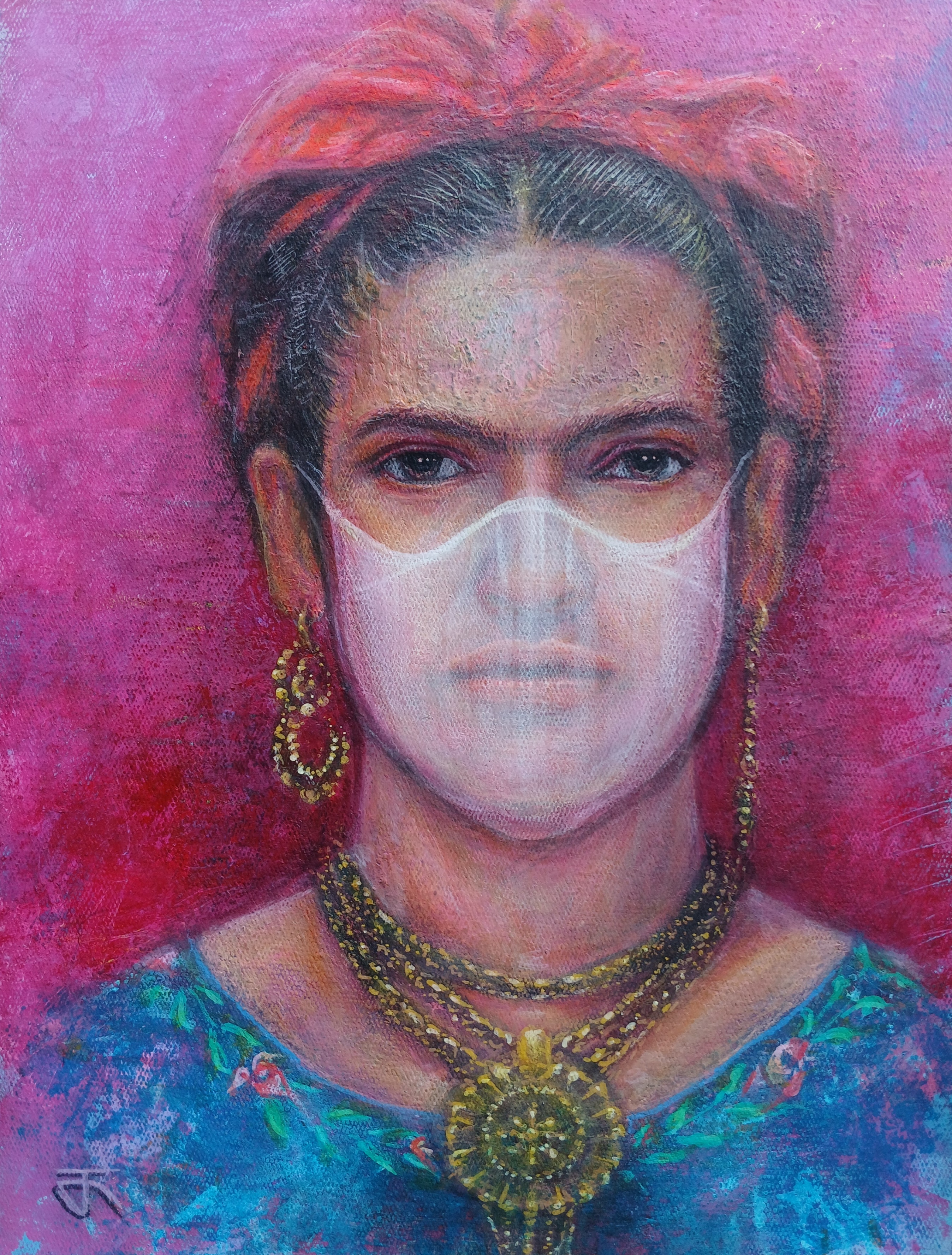 Frida Kahlo ภาพวาดสีอะครีลิค บนเฟรมผ้าใบ แสดงพื้นผิวไม่เรียบบางส่วน ขนาด 30 cm. x 40 cm. ขอบหนา 3 cm. งานเคลือบวานิชแล้วครับ