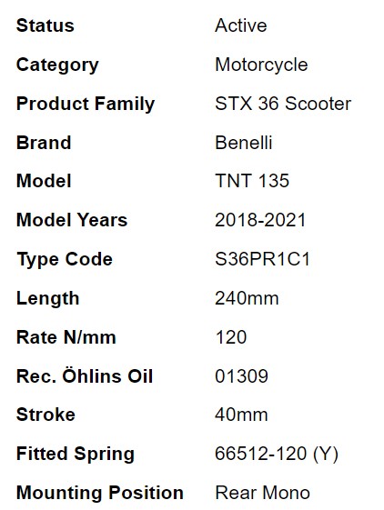 โช๊คหลัง OHLINS BE821 สำหรับ BENELLI TNT135