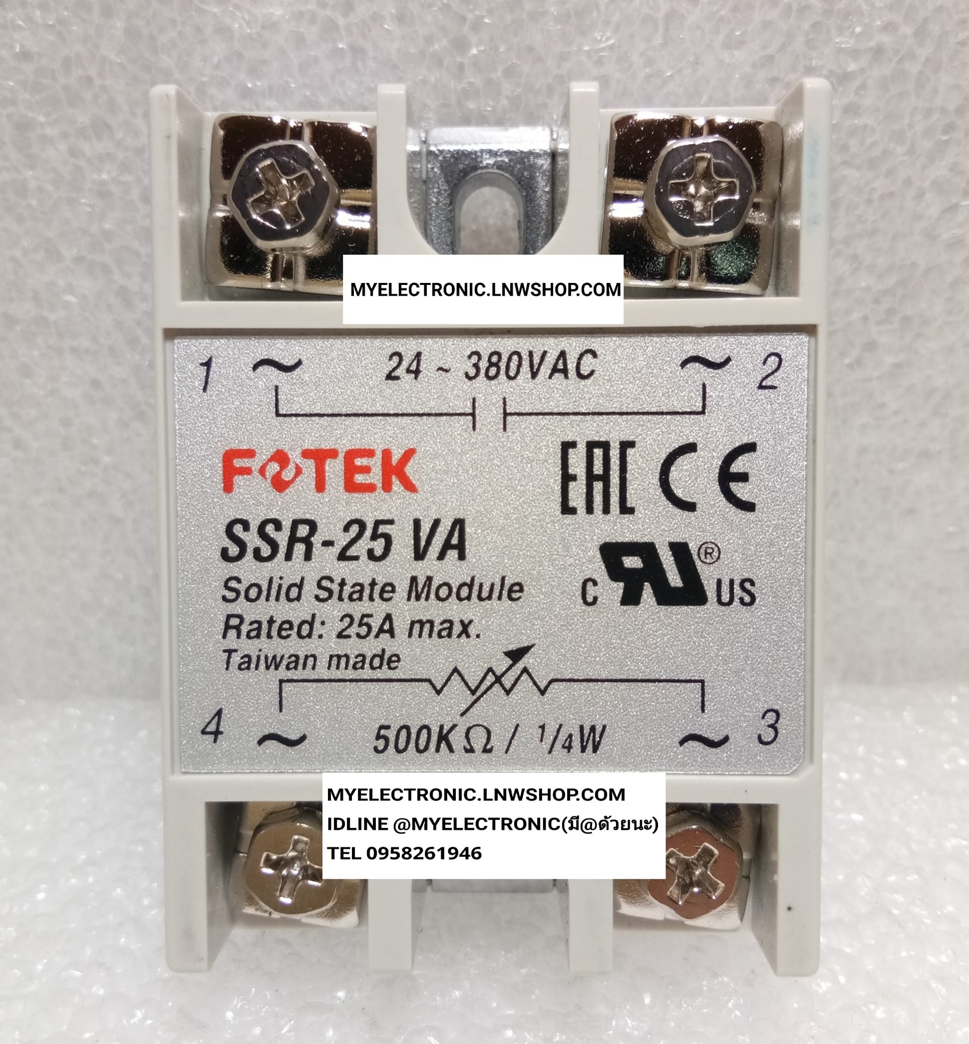 ขาย SSR-25VA 500K 1/4W SSR25VA 500K ยี่ห้อ FOTEK ของแท้ INPUT 500K1/4W OUTPUT 24-380VAC 25A โซลิสสเตจรีเลย์ SOIL SATAGE RELAY ราคา ตัวละ . . . . หน่วย บาท (รายการนี้เป็นสินค้าที่ต้องสั่งนำเข้า ติดต่อIDLINE @MYELECTRONIC (มี@)