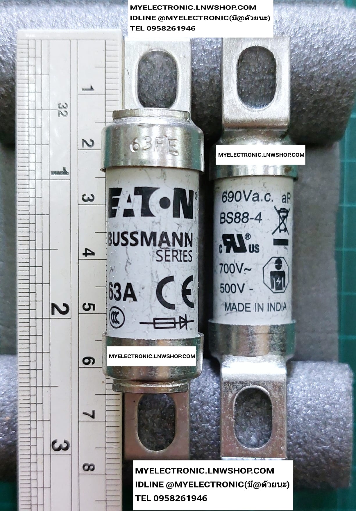 ขาย 63ET ฟิวส์63A690V BSS88-4 700V 500V FUSE EATON ฟิวส์ 63A 690VAC 500VDC ยี่ห้อ BUSSMANN SERIES ราคา ตัวละ . . . . . หน่วย บาท #63ET