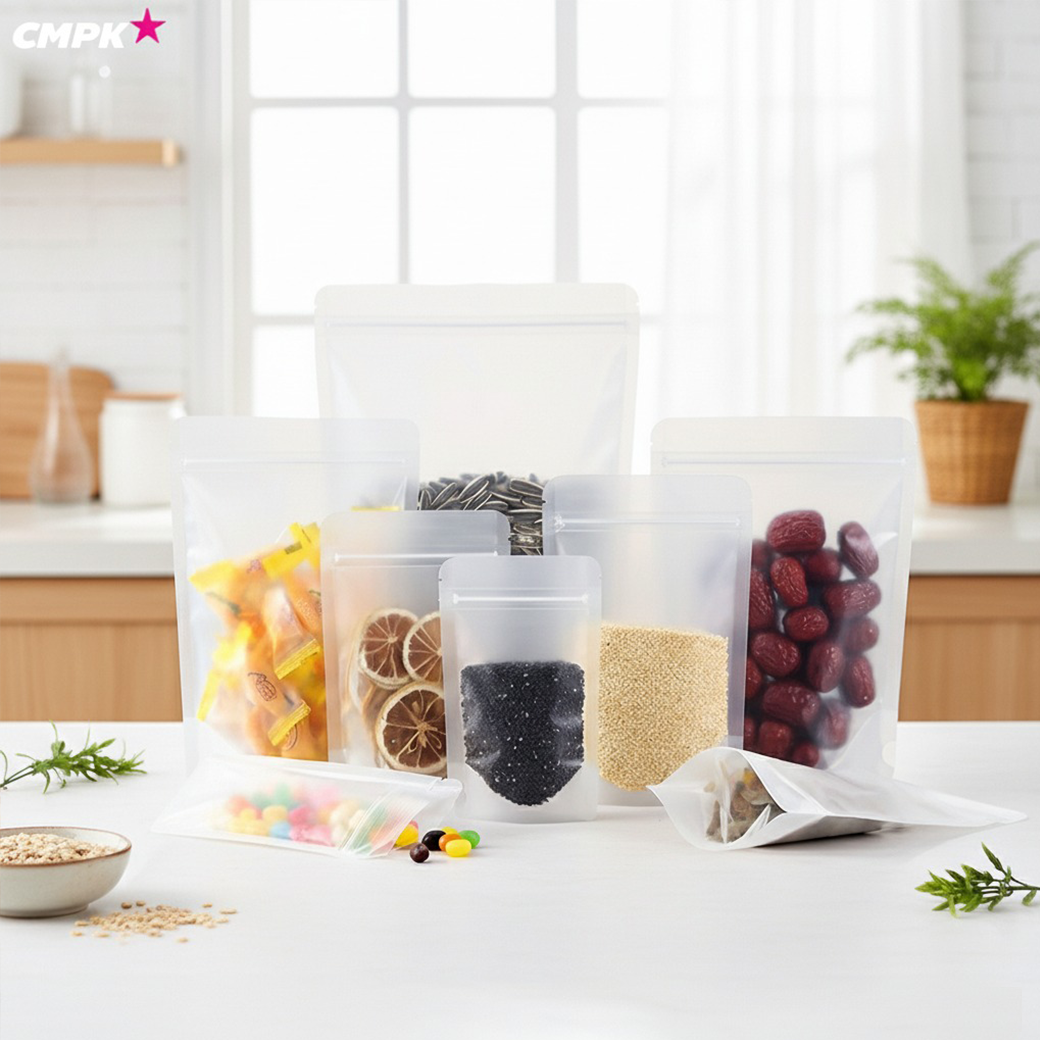 (50ใบ) ถุงพลาสติก มีซิป แบบเนื้อขุ่น ตั้งได้ ขอบโค้ง หนา 200 ไมครอน ใส่อาหารเครื่องดื่มได้